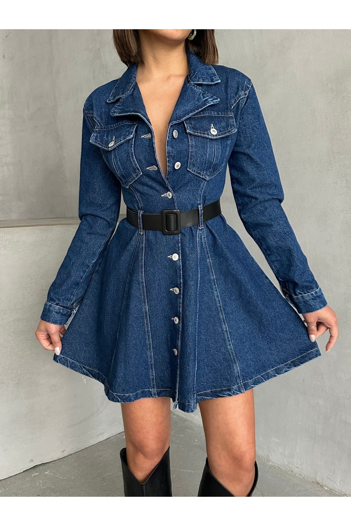 Lacivert Siyah Kemerli Mini Denim Elbise MISSEL3418