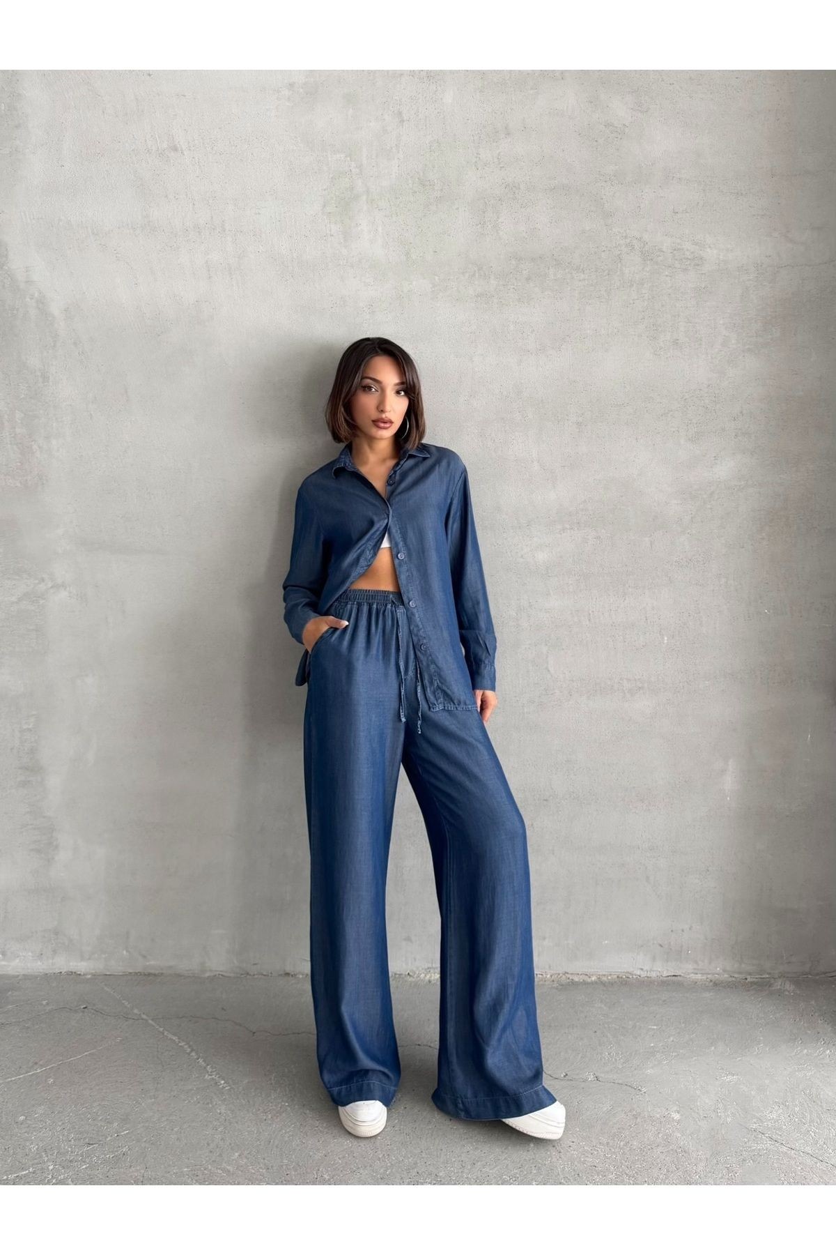 Denim Gömlek ve Bel Lastikli Pantolon Lacivert İkili Takım MISSTKLAC941