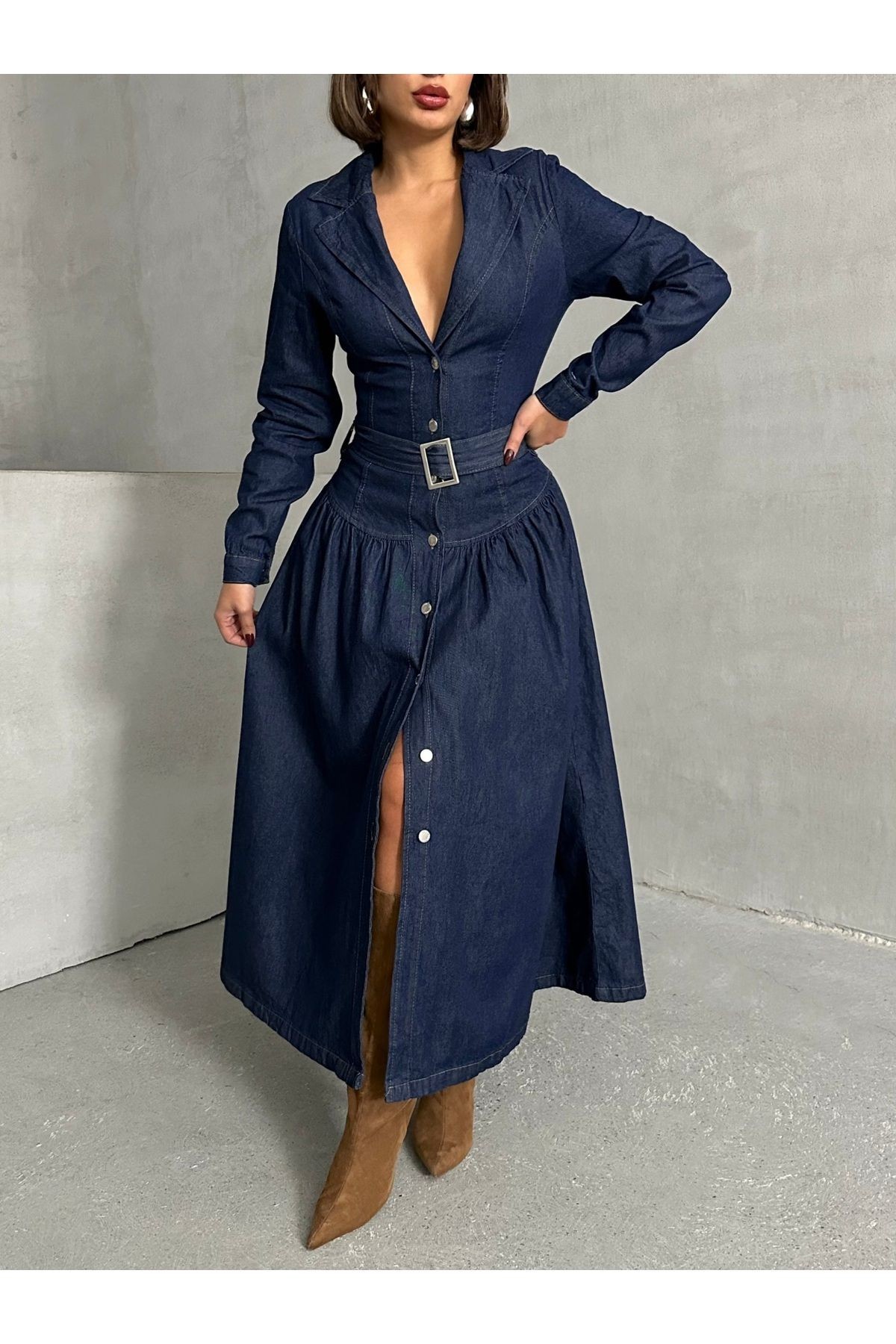 Tokalı Lacivert Denim Uzun Elbise MISSEL1055