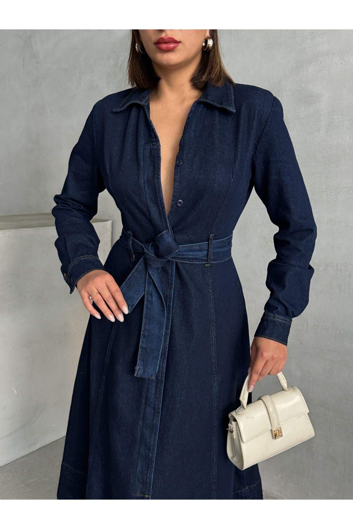 Kuşaklı Maxi Boy Denim Elbise MISSEL398