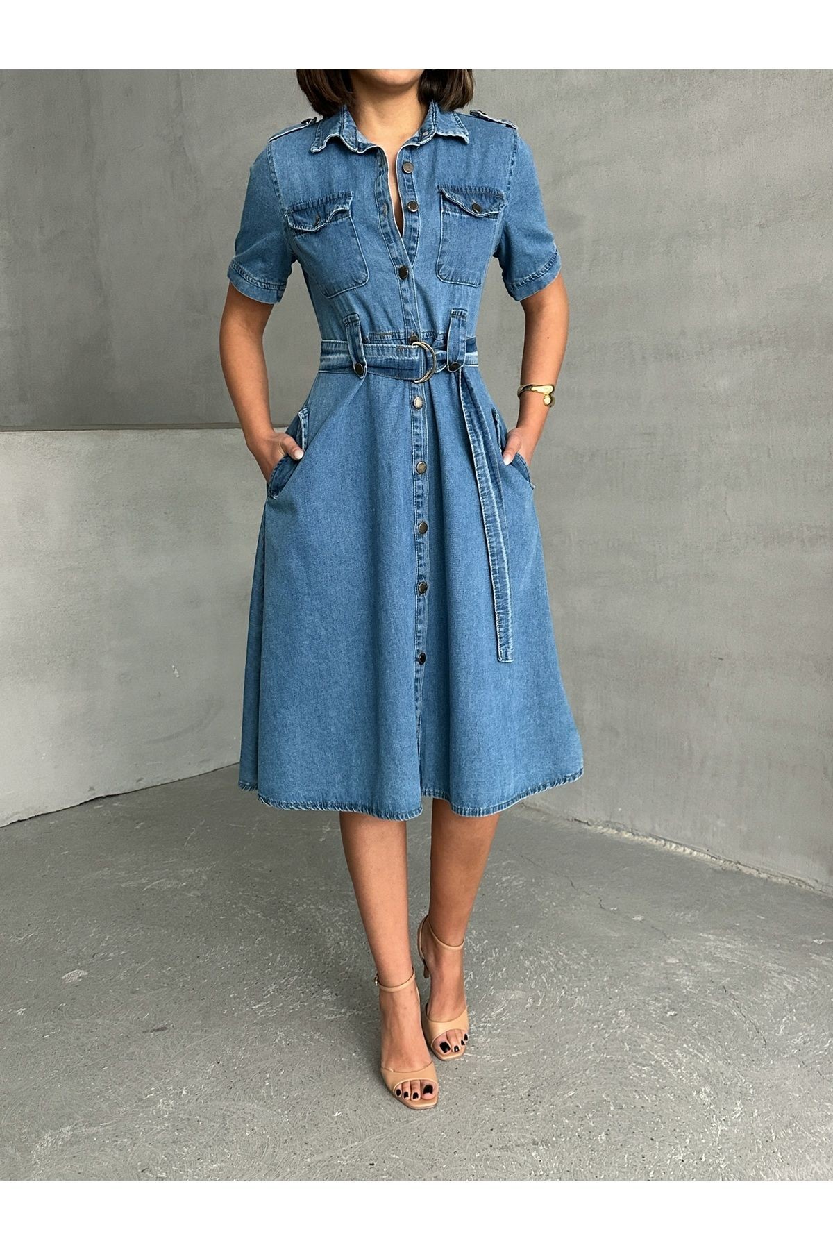 Yarım Kollu Kemerli Midi Boy Denim Elbise MISSEL921