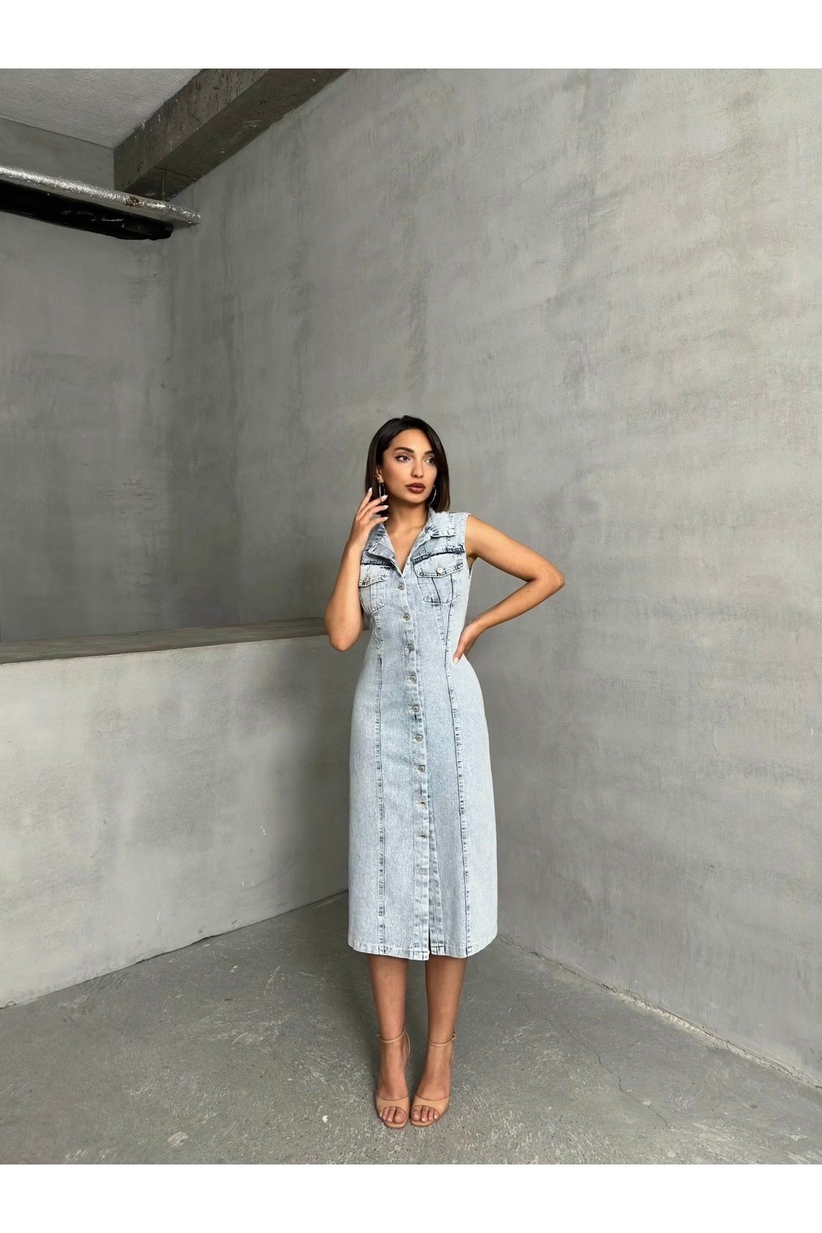 Gömlek Yaka Sıfır Kol Düğmeli Kar Yıkama Yazlık Denim Elbise MISSELB3575