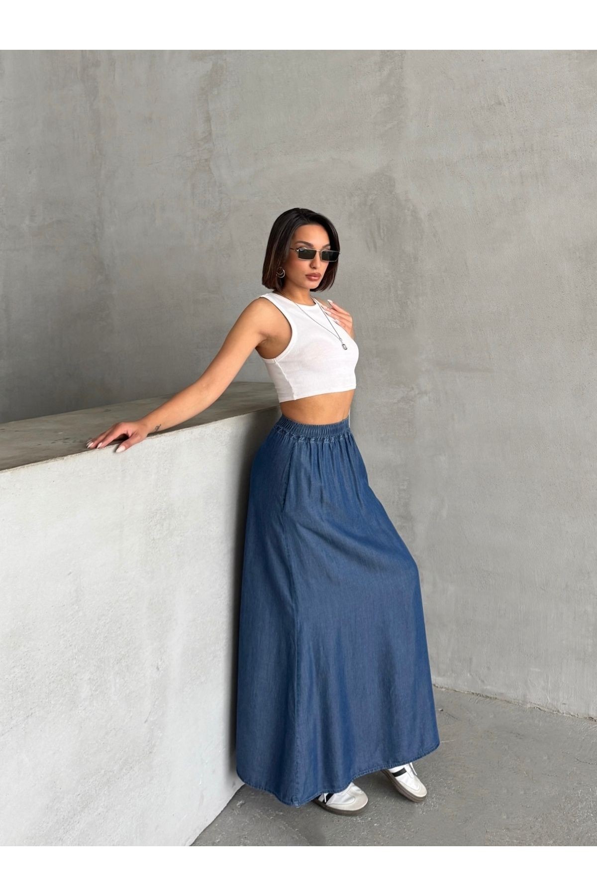 Bel Lastikli Yazlık Uzun Mavi Denim Etek MISSETK948