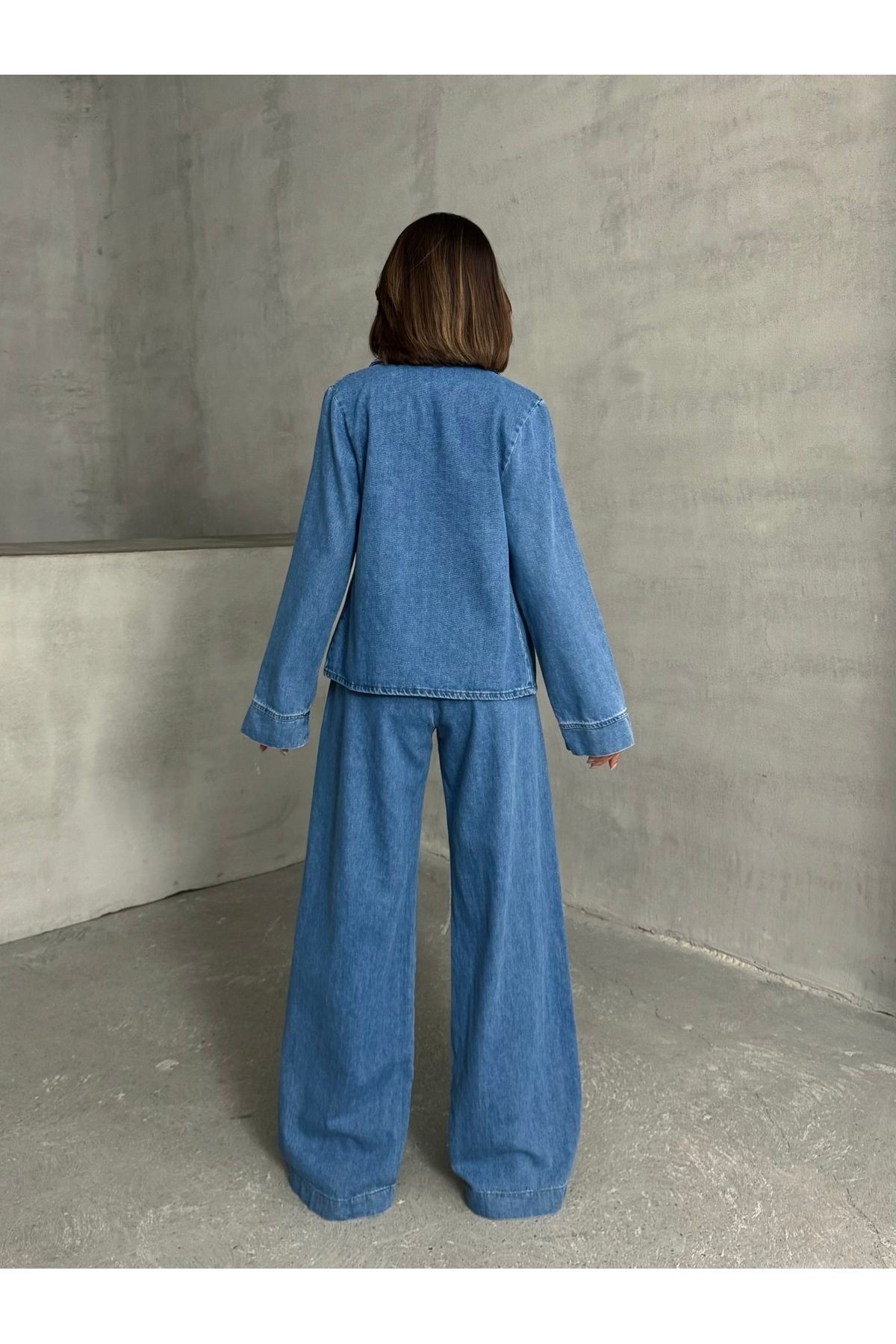 Çift Fermuar Detay Gömlek Bol Pantolon Denim Takım MİSSPT939