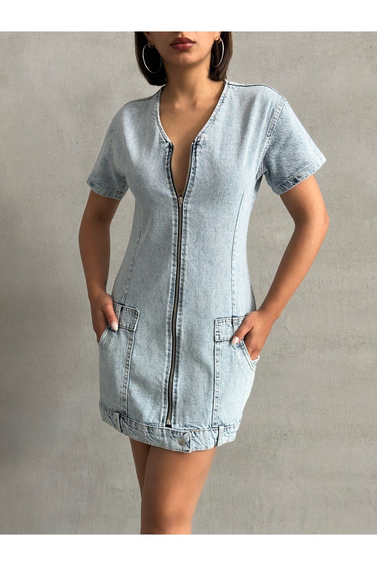 Fermuarlı Cep Detaylı Kar Yıkama Denim Elbse MISSELB3452