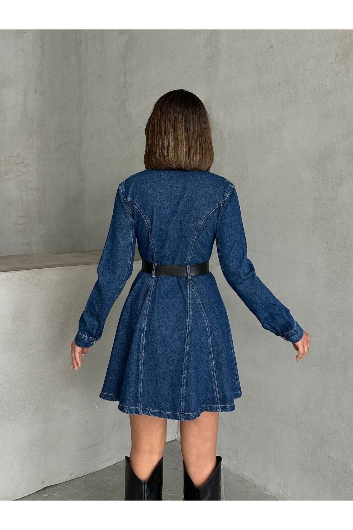 Lacivert Siyah Kemerli Mini Denim Elbise MISSEL3418
