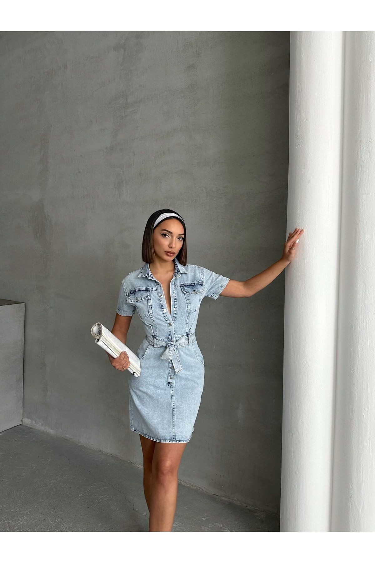 Kuşaklı Cepli Mini Denim Elbise MISSEL4017