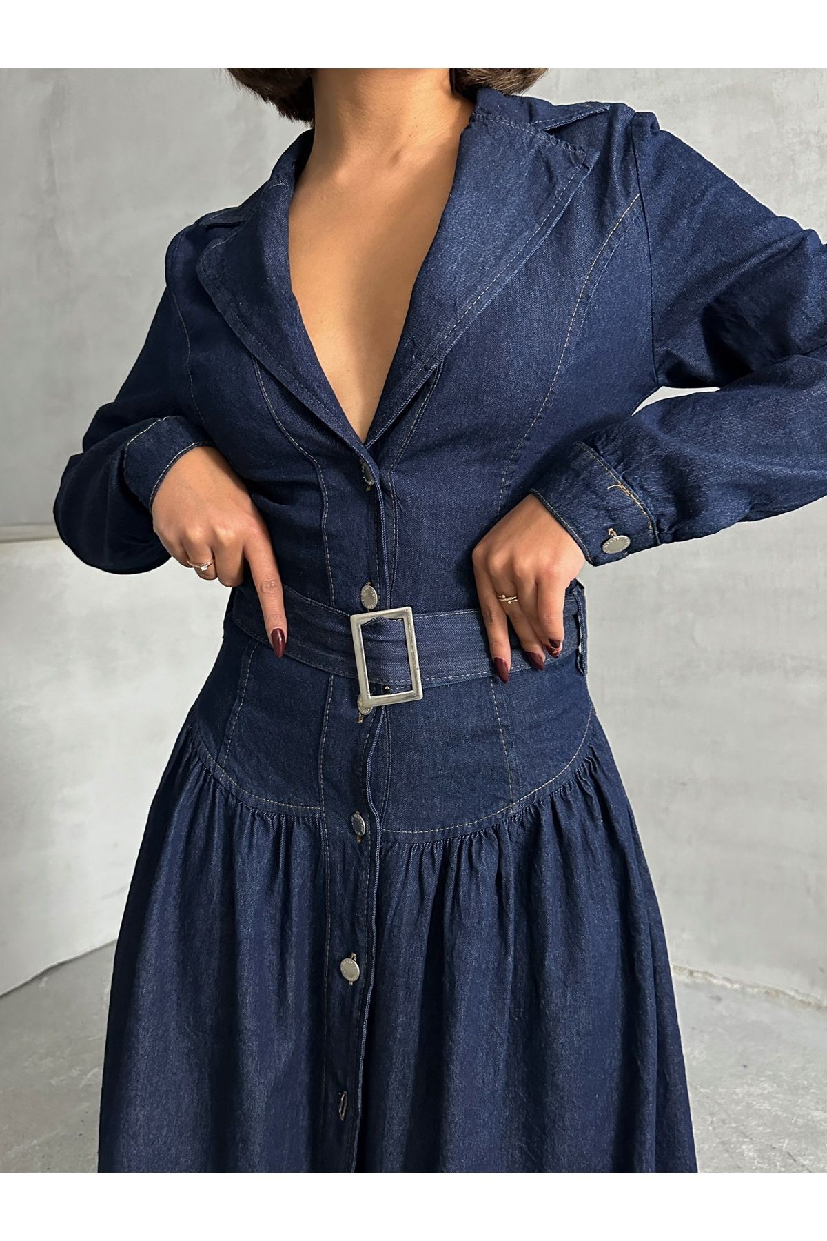 Tokalı Lacivert Denim Uzun Elbise MISSEL1055