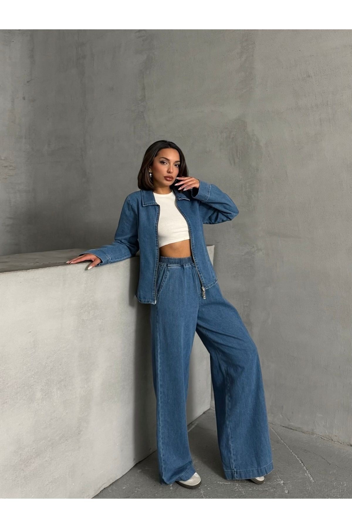 Mavi Beli Lastikli Normal Bel Geniş Paça Denim Pantolon MISSPA939
