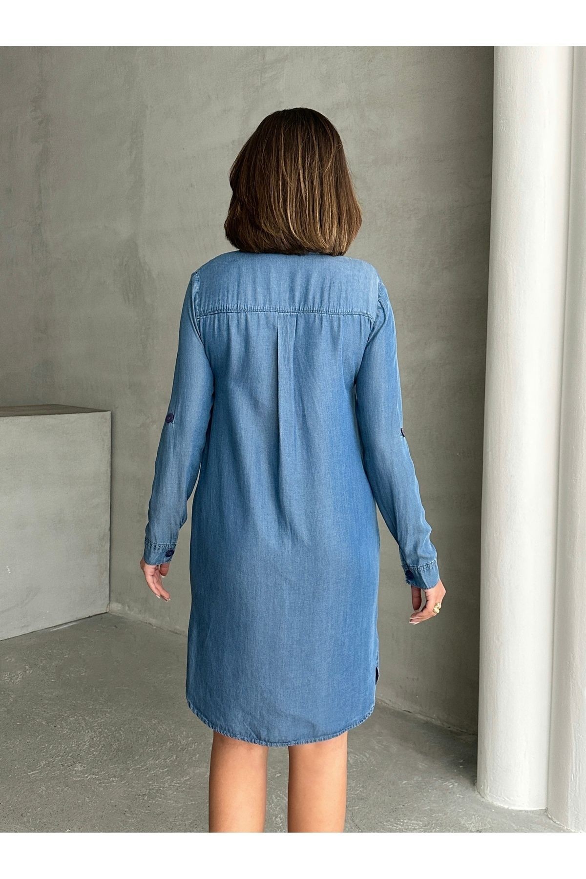 Gömlek Yaka Düğmeli Uzun Kol Detaylı Yazlık Denim Elbise MISSEL8979