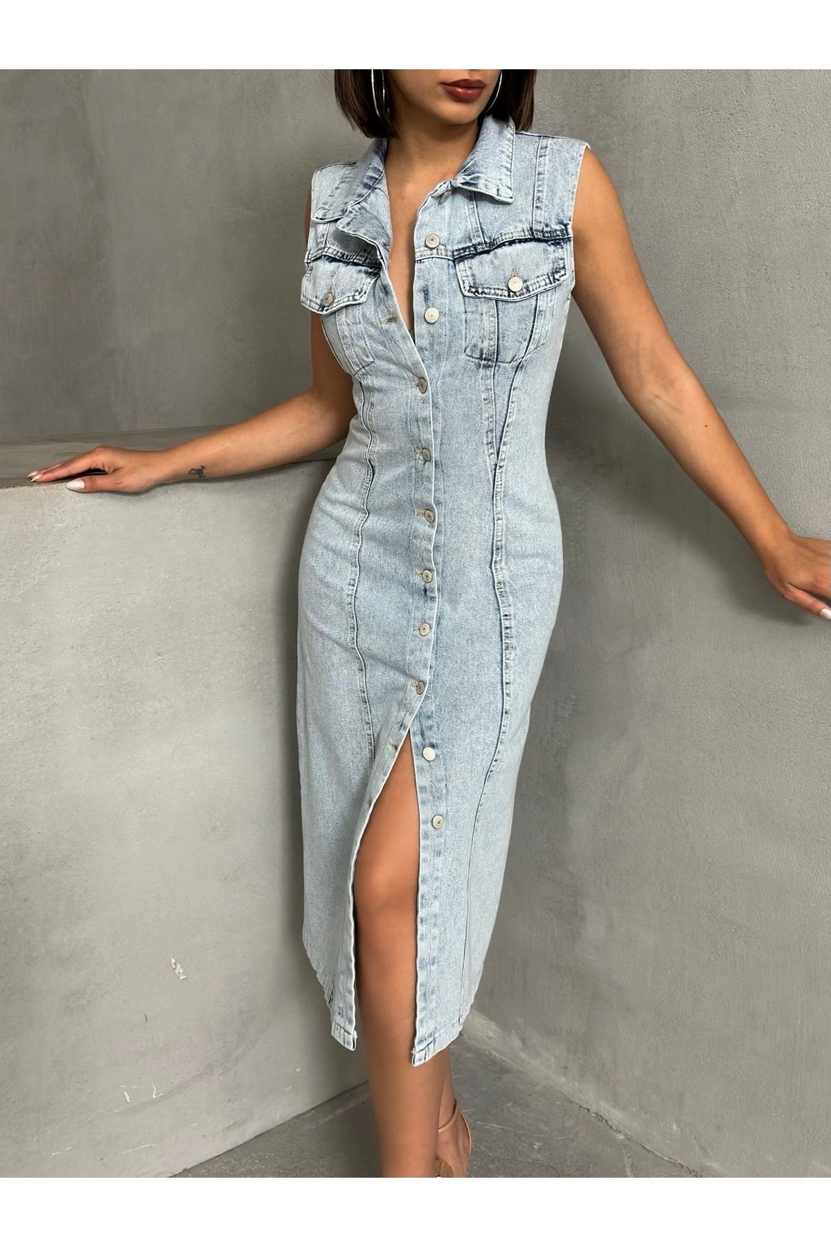 Gömlek Yaka Sıfır Kol Düğmeli Kar Yıkama Yazlık Denim Elbise MISSELB3575
