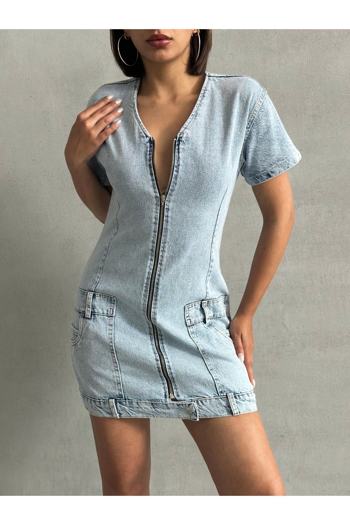Fermuarlı Cep Detaylı Kar Yıkama Denim Elbse MISSELB3452