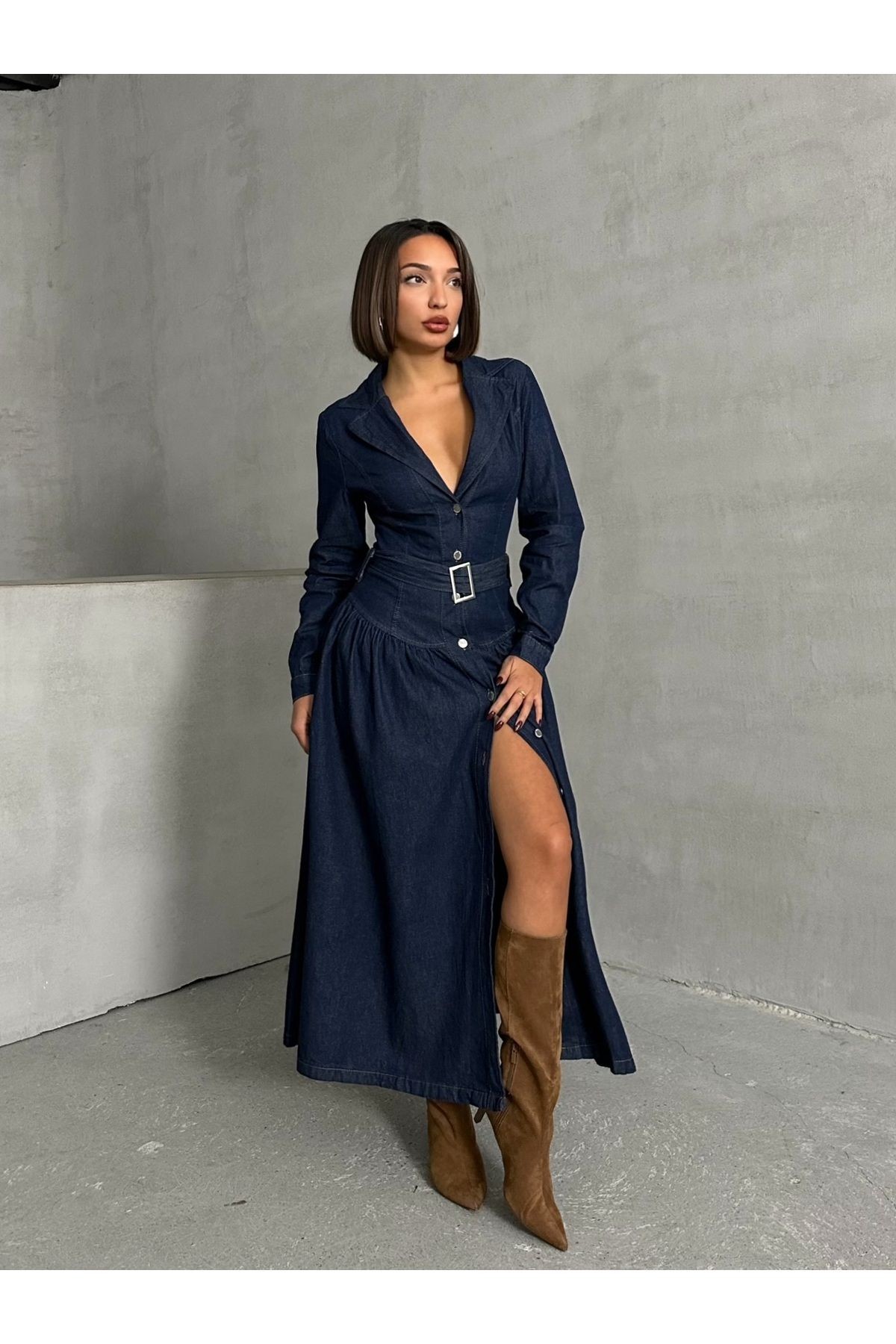 Tokalı Lacivert Denim Uzun Elbise MISSEL1055