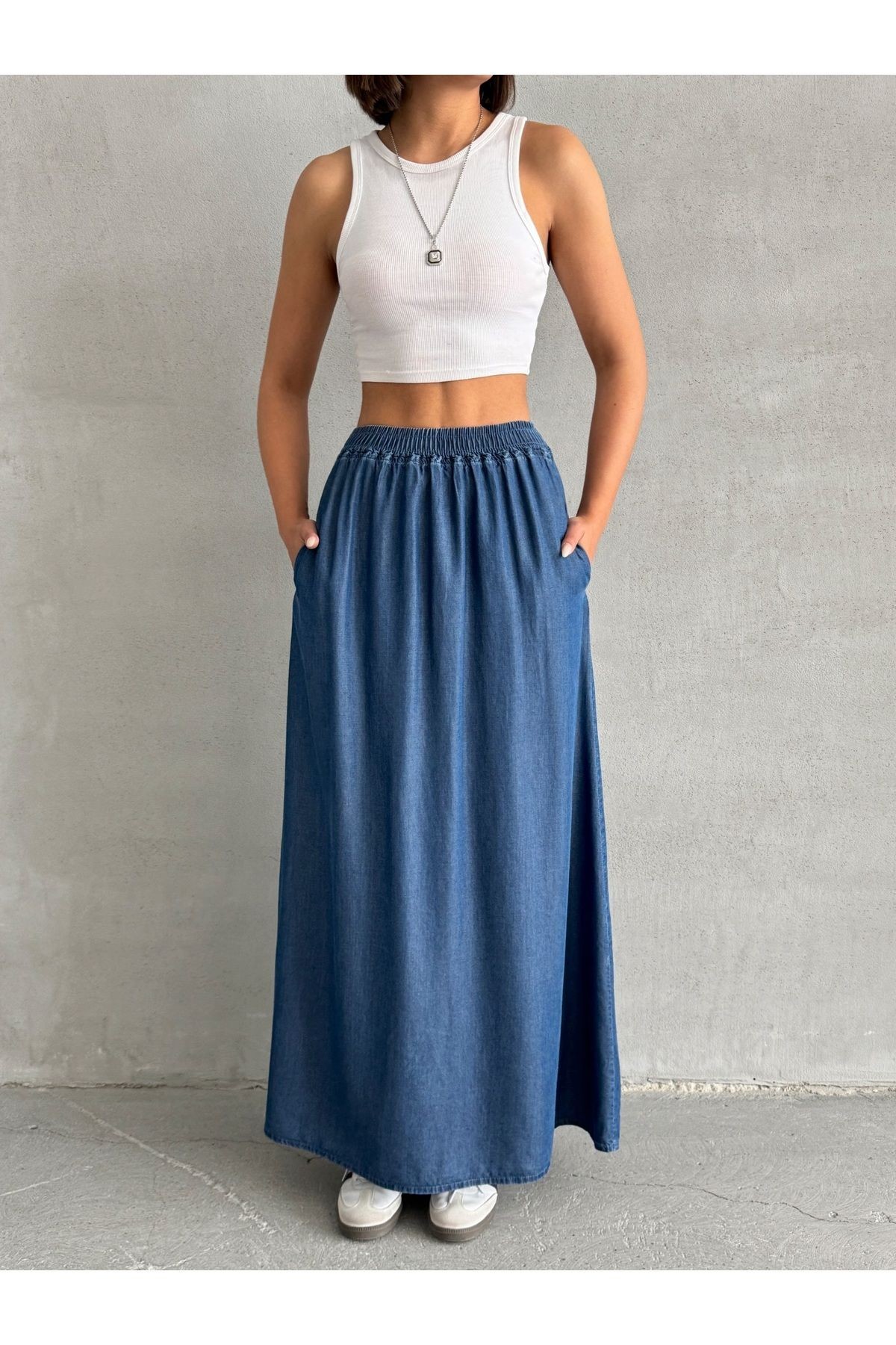 Bel Lastikli Yazlık Uzun Mavi Denim Etek MISSETK948