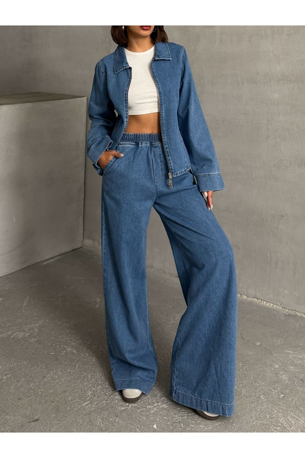 Mavi Oversize Fermuarlı Denim Ceket MISSCE939