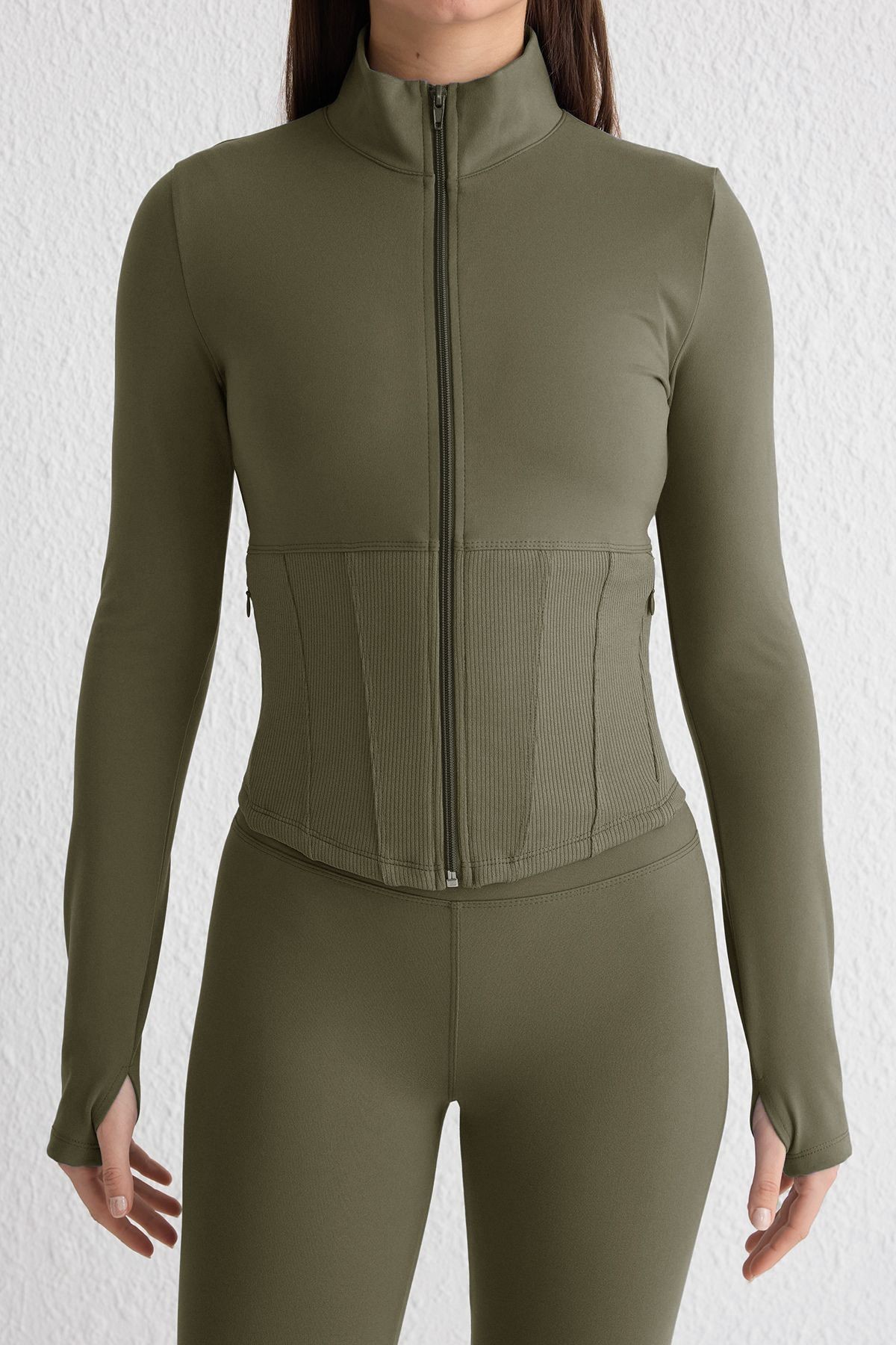 Haki Fırçalı Soft Kumaş Baş Parmak Delikli Örme Spor Ceket/Sweatshirt MISSCE2621