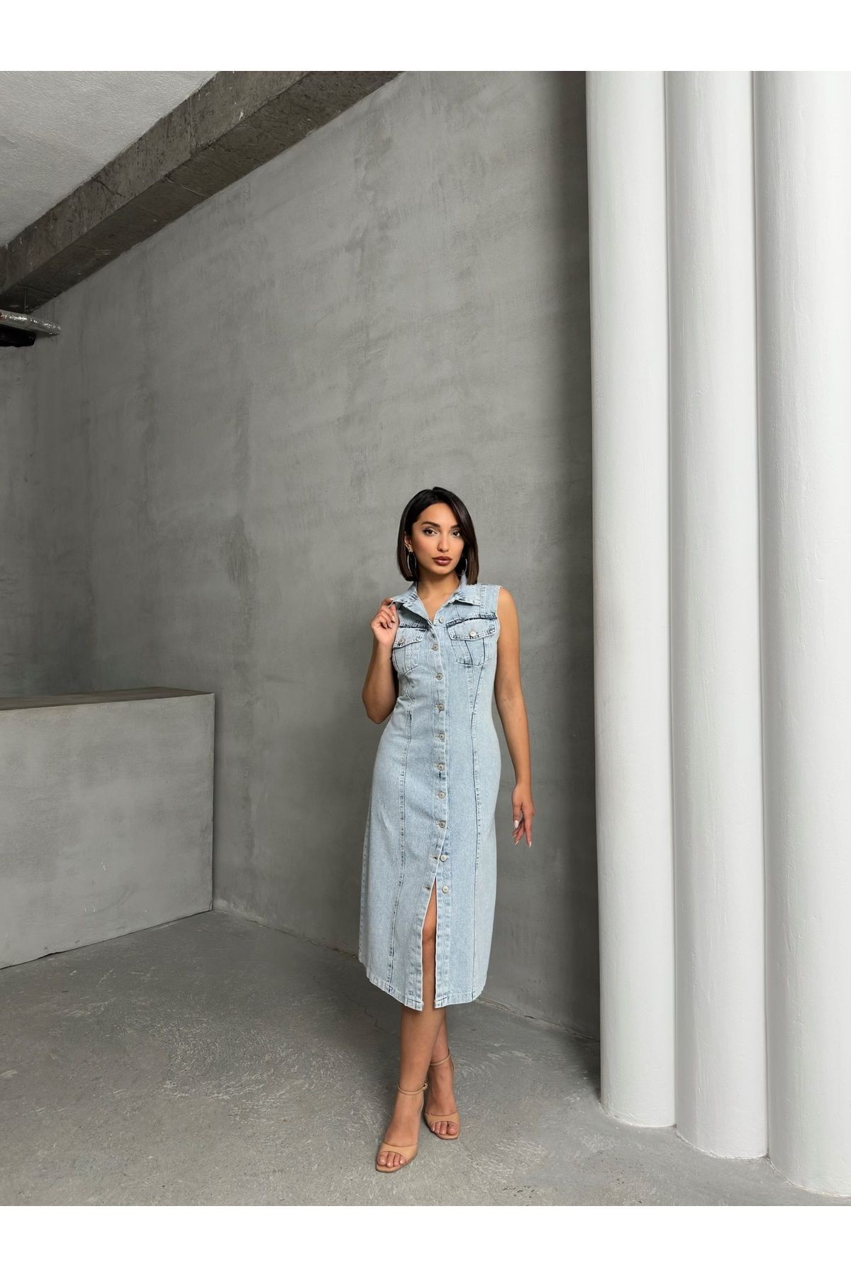 Gömlek Yaka Sıfır Kol Düğmeli Kar Yıkama Yazlık Denim Elbise MISSELB3575