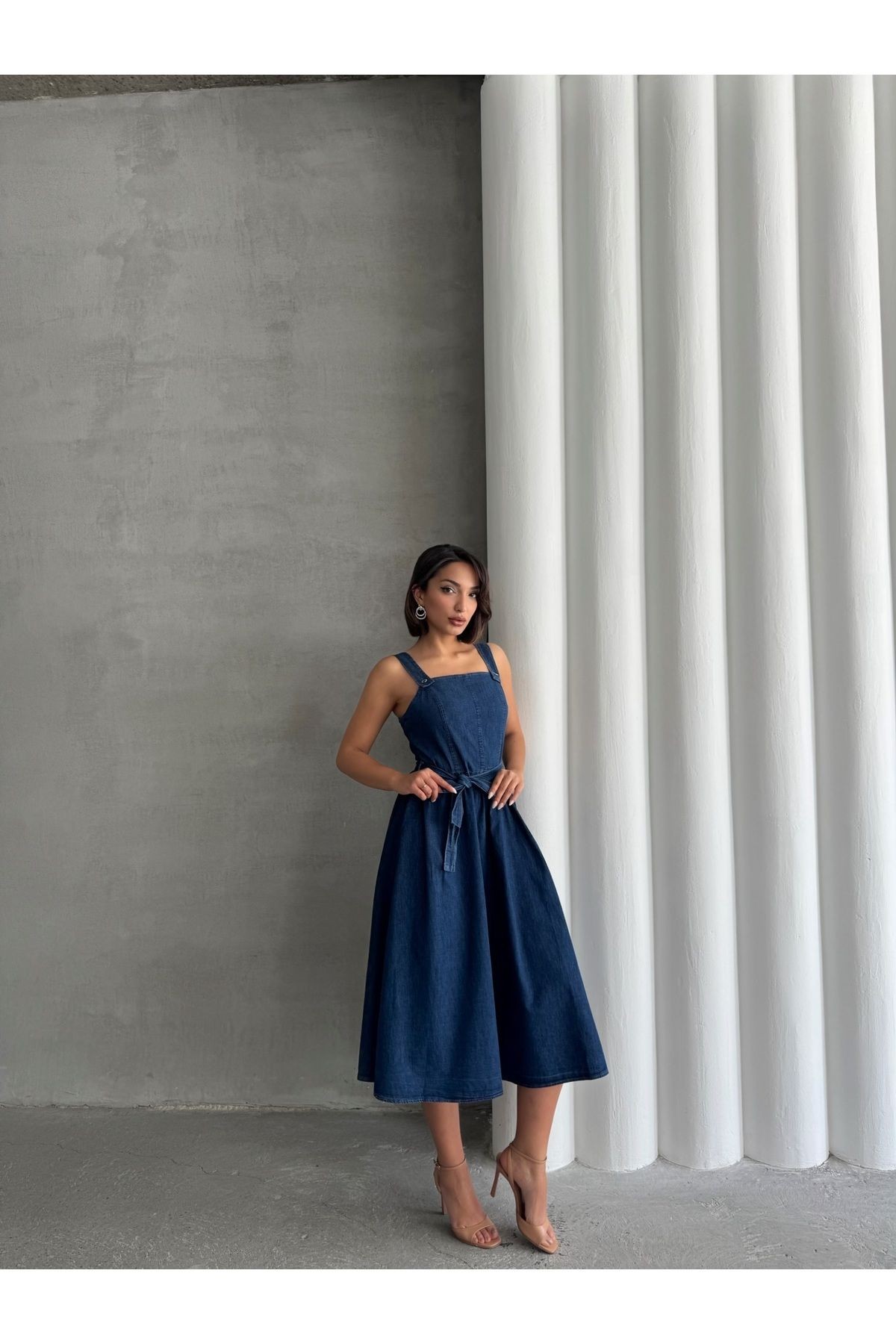 Kare Yaka Kuşak Detaylı Denim Elbise MISSEL8995