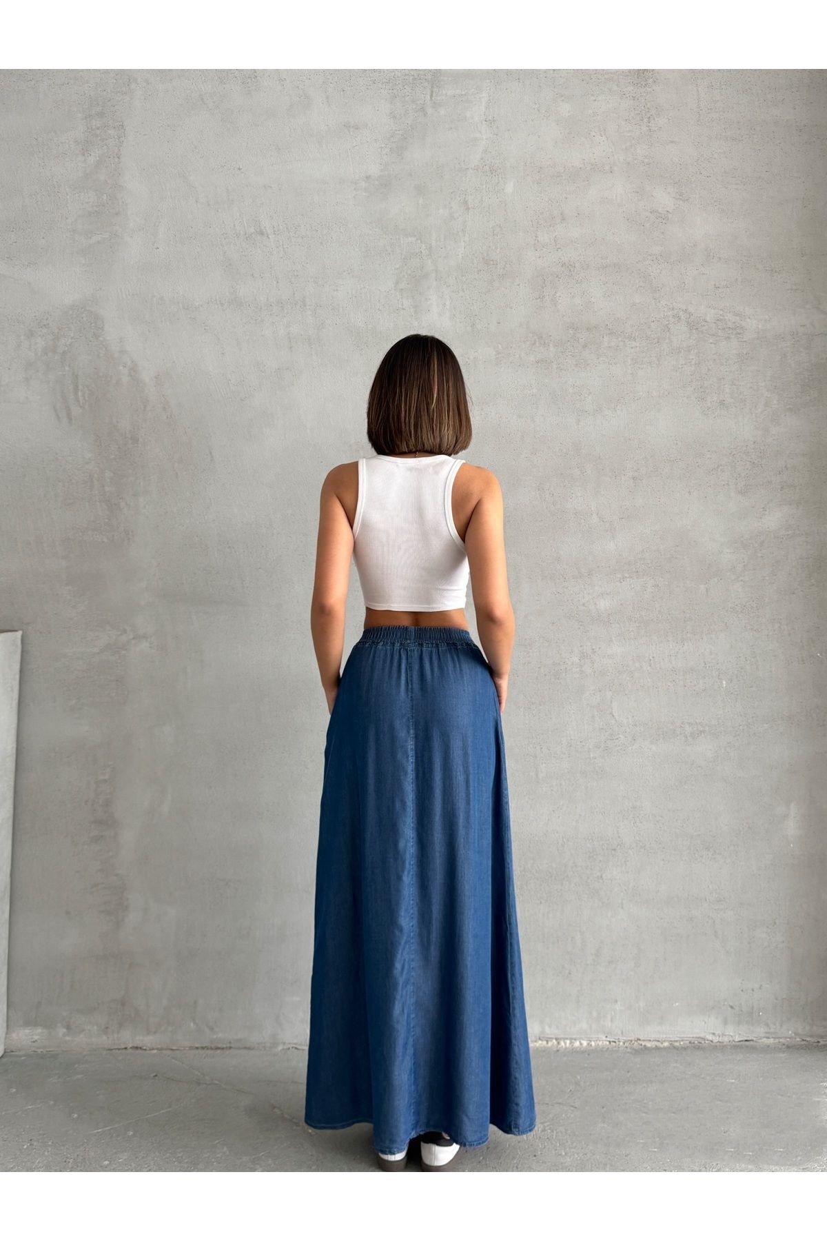 Bel Lastikli Yazlık Uzun Mavi Denim Etek MISSETK948