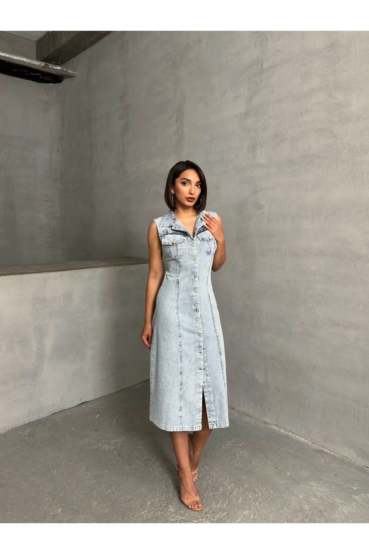 Gömlek Yaka Sıfır Kol Düğmeli Kar Yıkama Yazlık Denim Elbise MISSELB3575