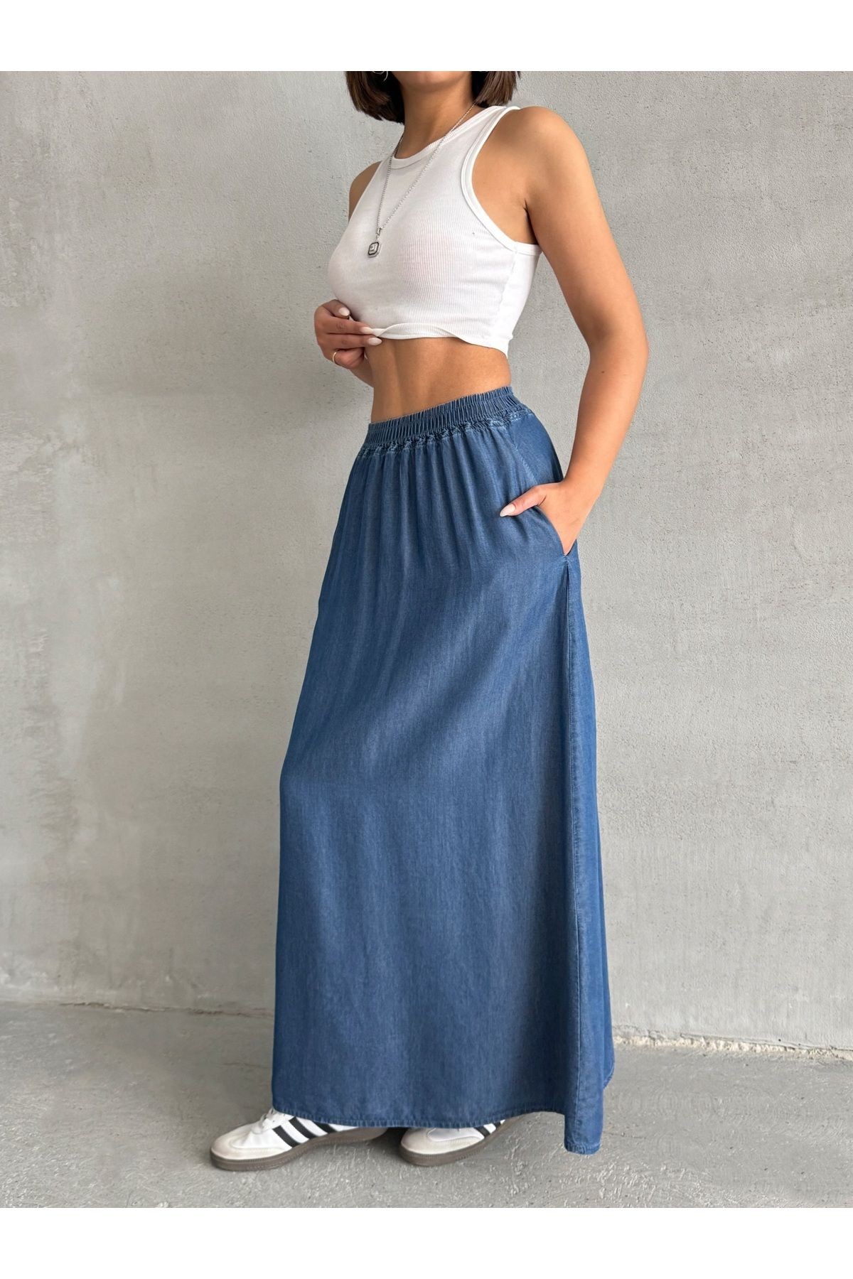 Bel Lastikli Yazlık Uzun Mavi Denim Etek MISSETK948