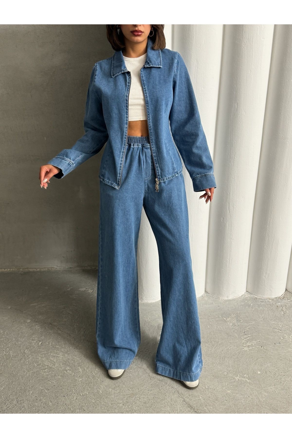 Mavi Beli Lastikli Normal Bel Geniş Paça Denim Pantolon MISSPA939