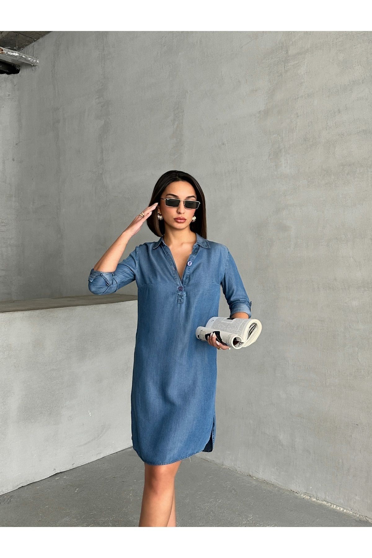 Gömlek Yaka Düğmeli Uzun Kol Detaylı Yazlık Denim Elbise MISSEL8979