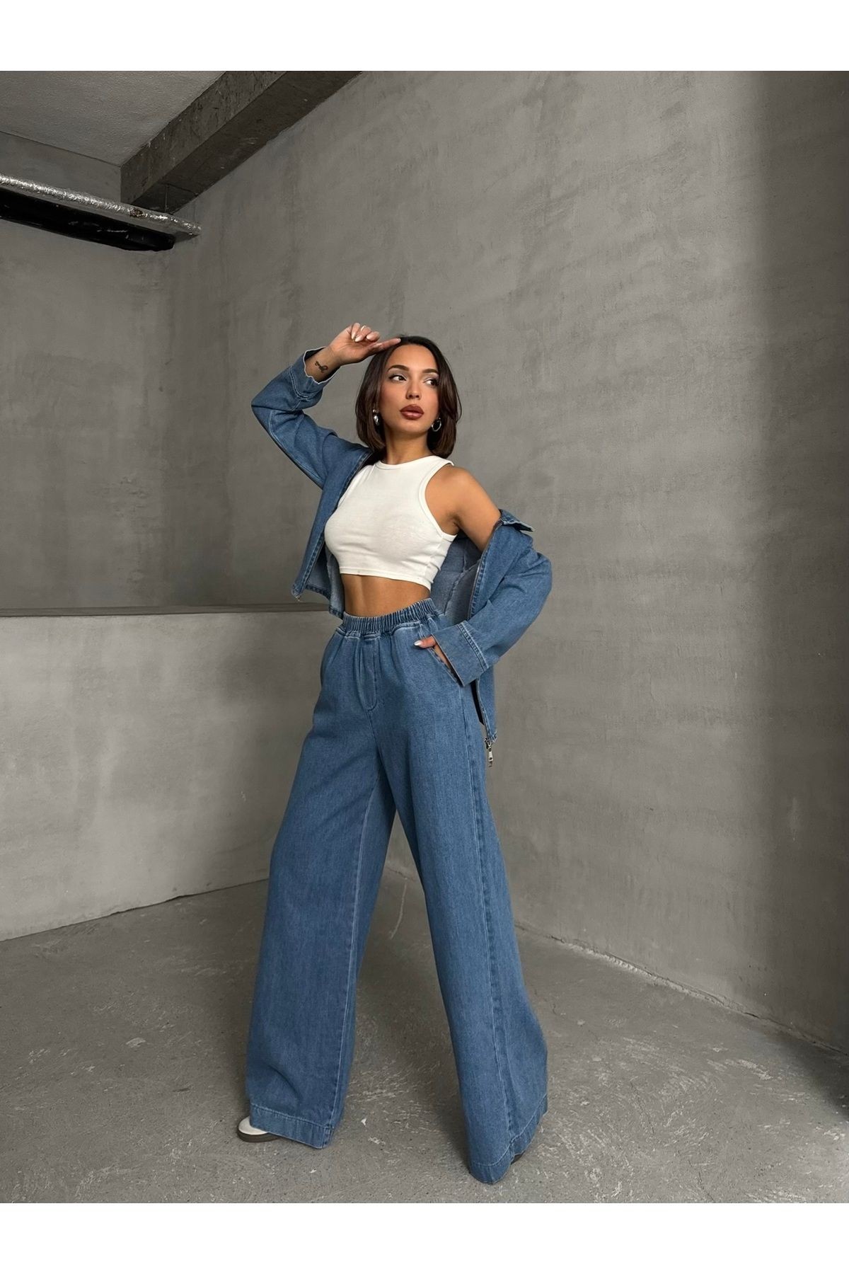 Mavi Beli Lastikli Normal Bel Geniş Paça Denim Pantolon MISSPA939