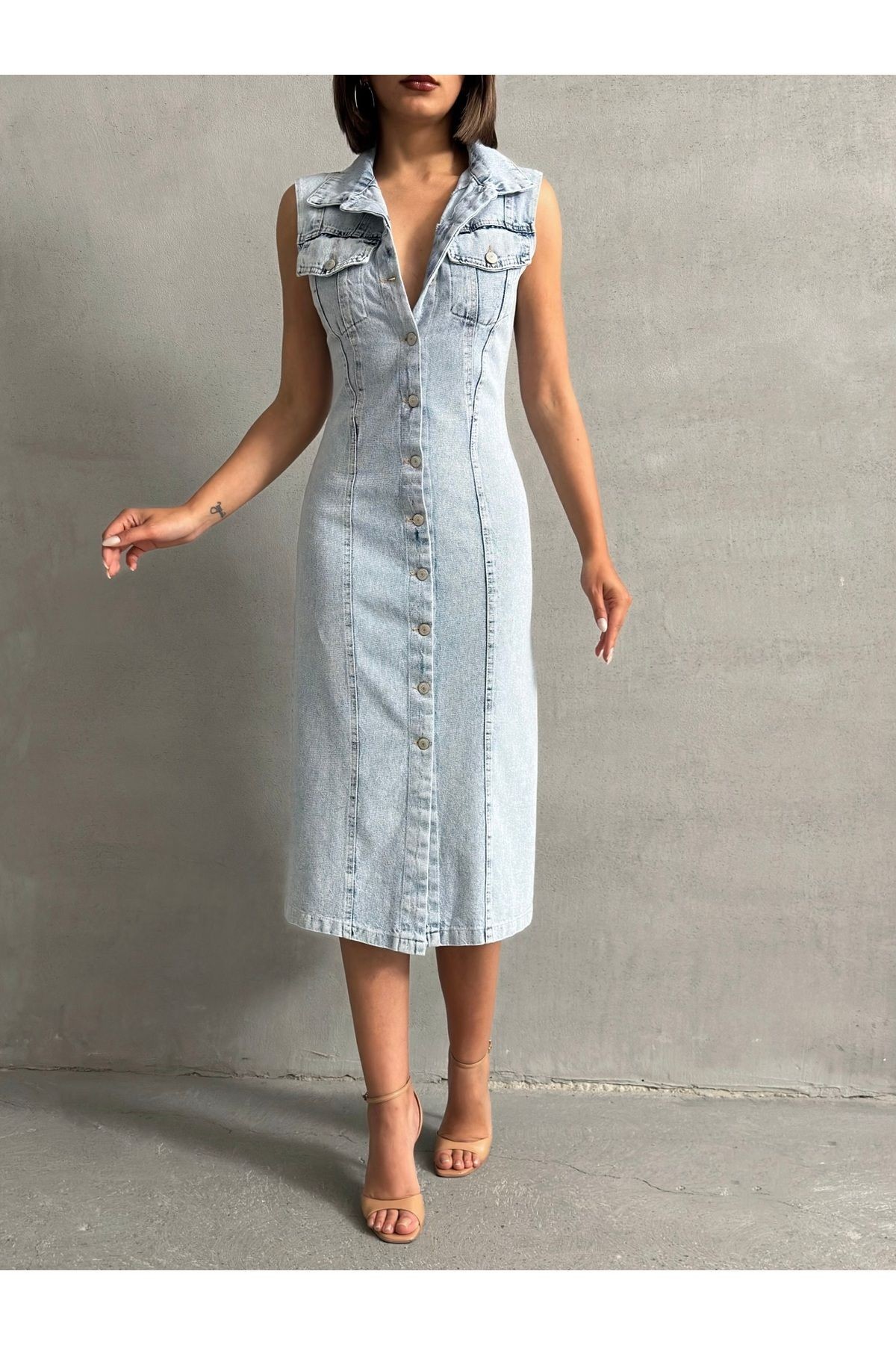 Gömlek Yaka Sıfır Kol Düğmeli Kar Yıkama Yazlık Denim Elbise MISSELB3575