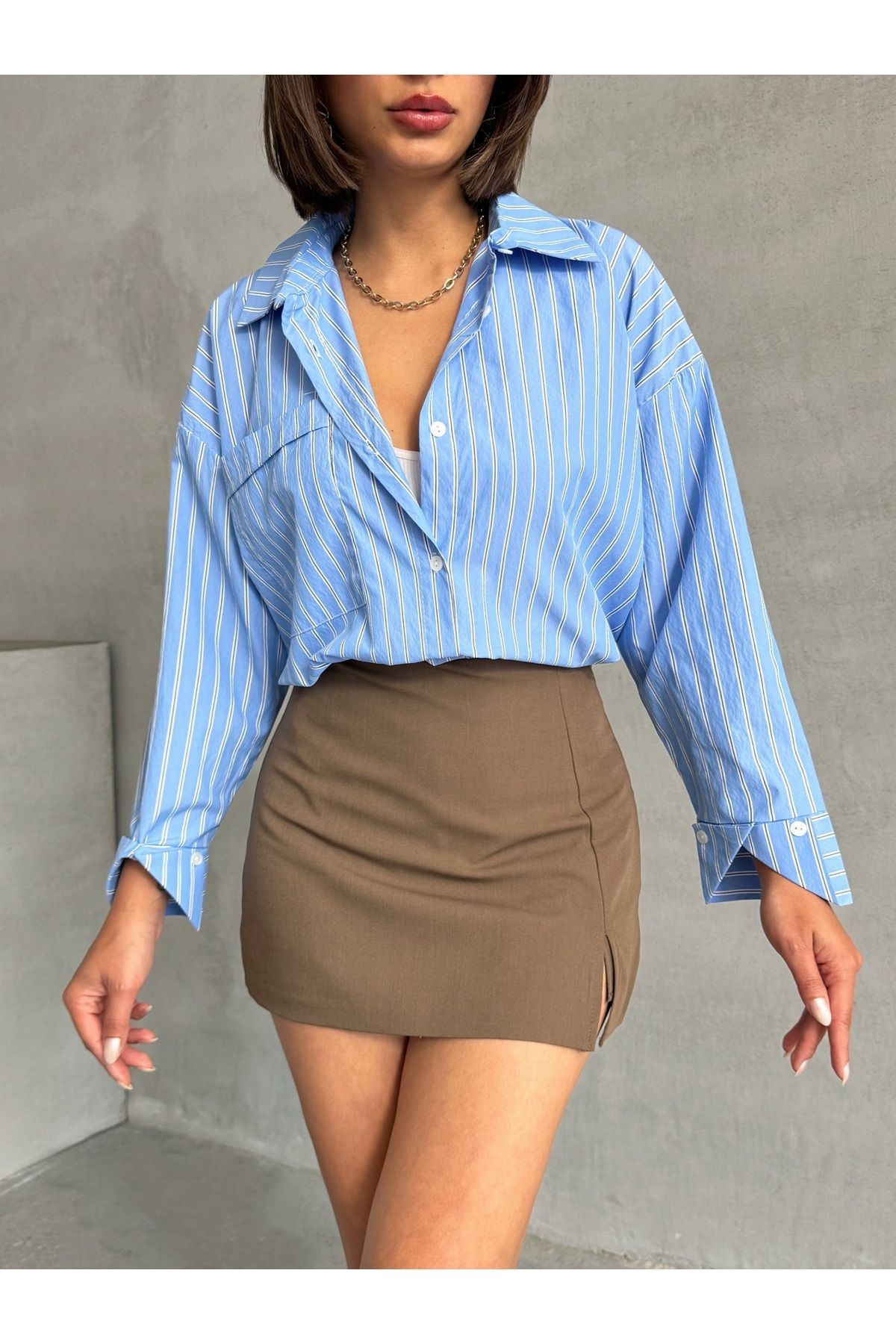 Çizgili Oversize Kol Detaylı Gömlek MISSGML2297