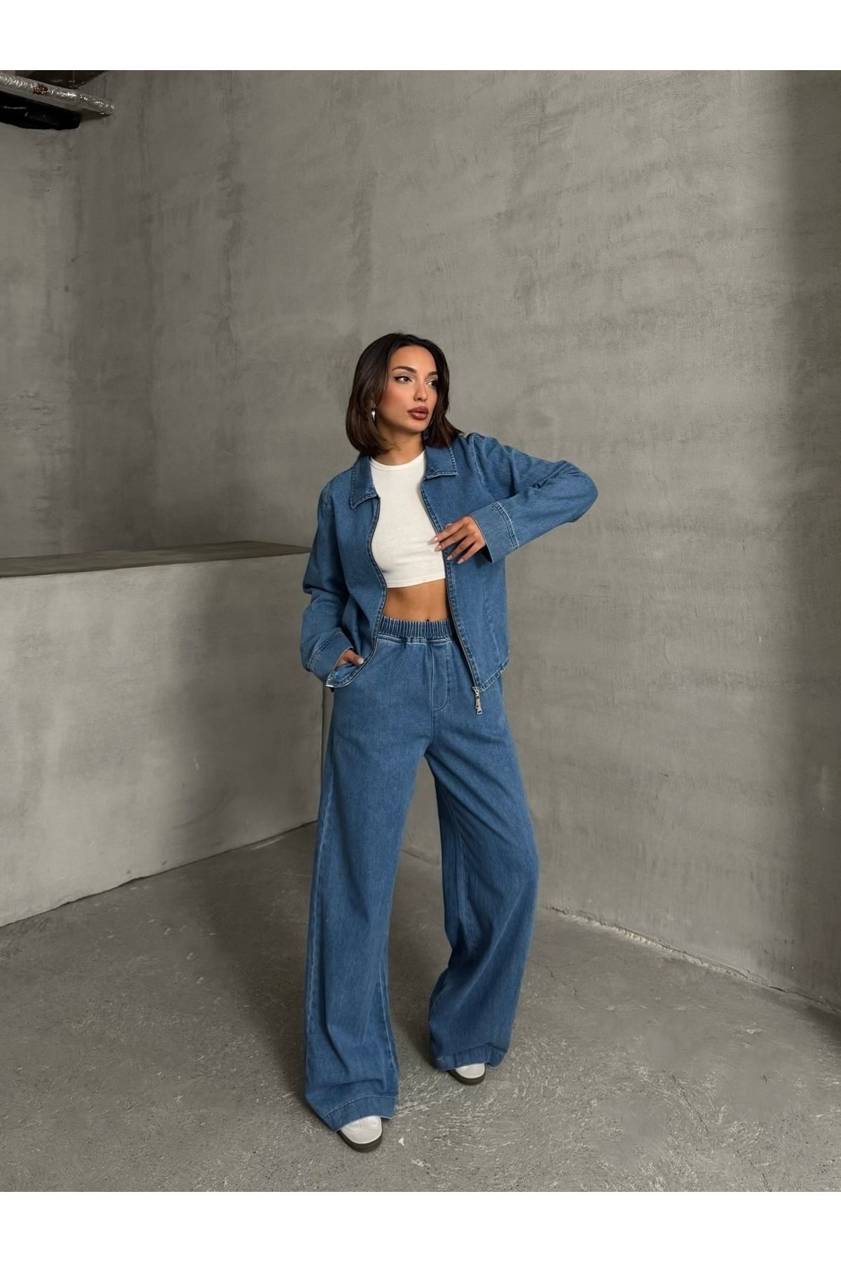 Mavi Beli Lastikli Normal Bel Geniş Paça Denim Pantolon MISSPA939