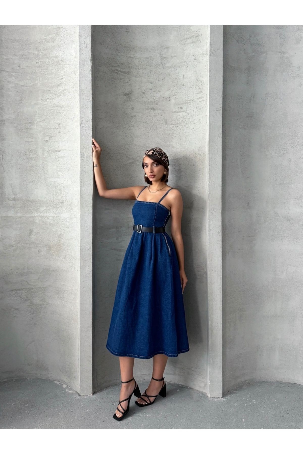 İnce Askılı Kemer Detaylı Lacivert Denim Elbise MISSELB3436