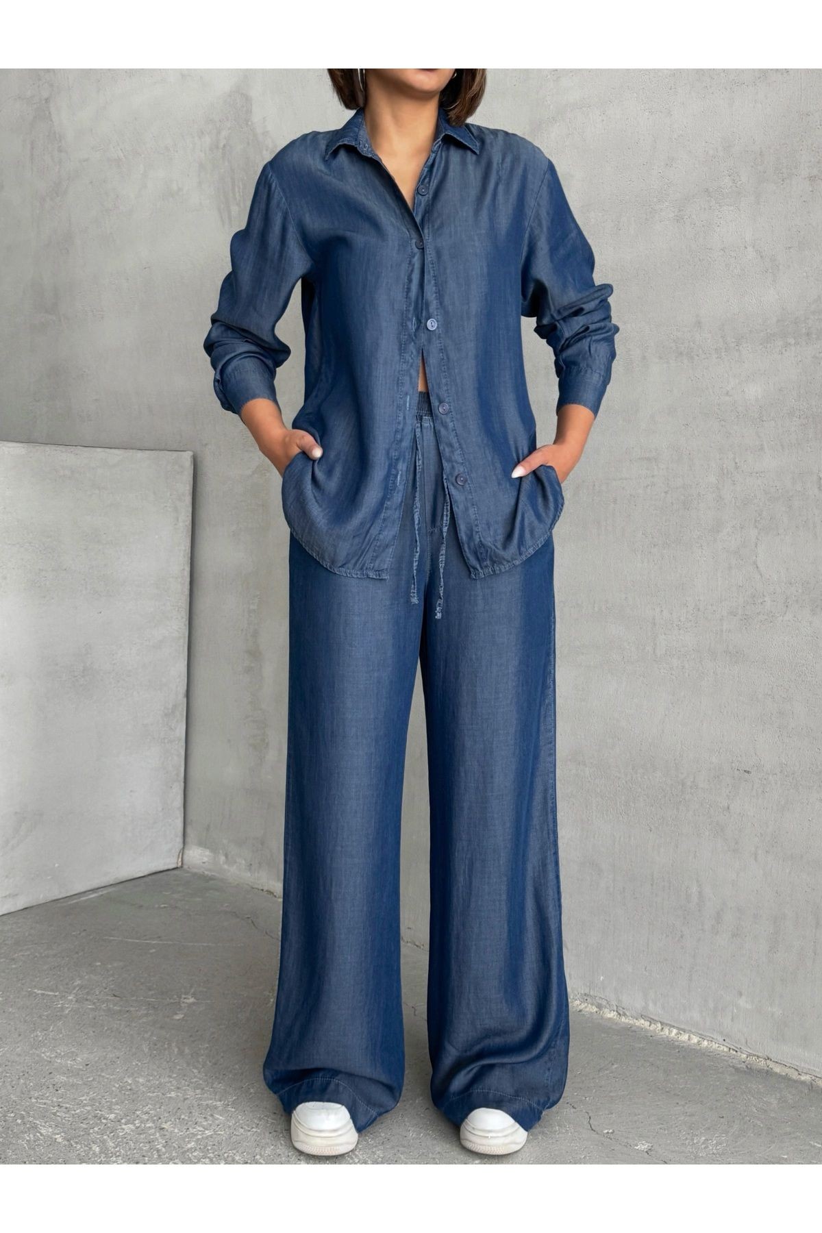 Denim Gömlek ve Bel Lastikli Pantolon Lacivert İkili Takım MISSTKLAC941
