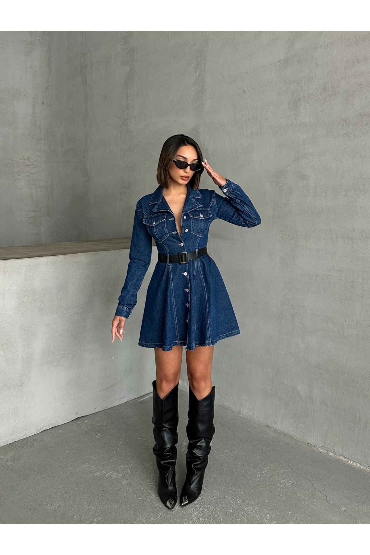 Lacivert Siyah Kemerli Mini Denim Elbise MISSEL3418