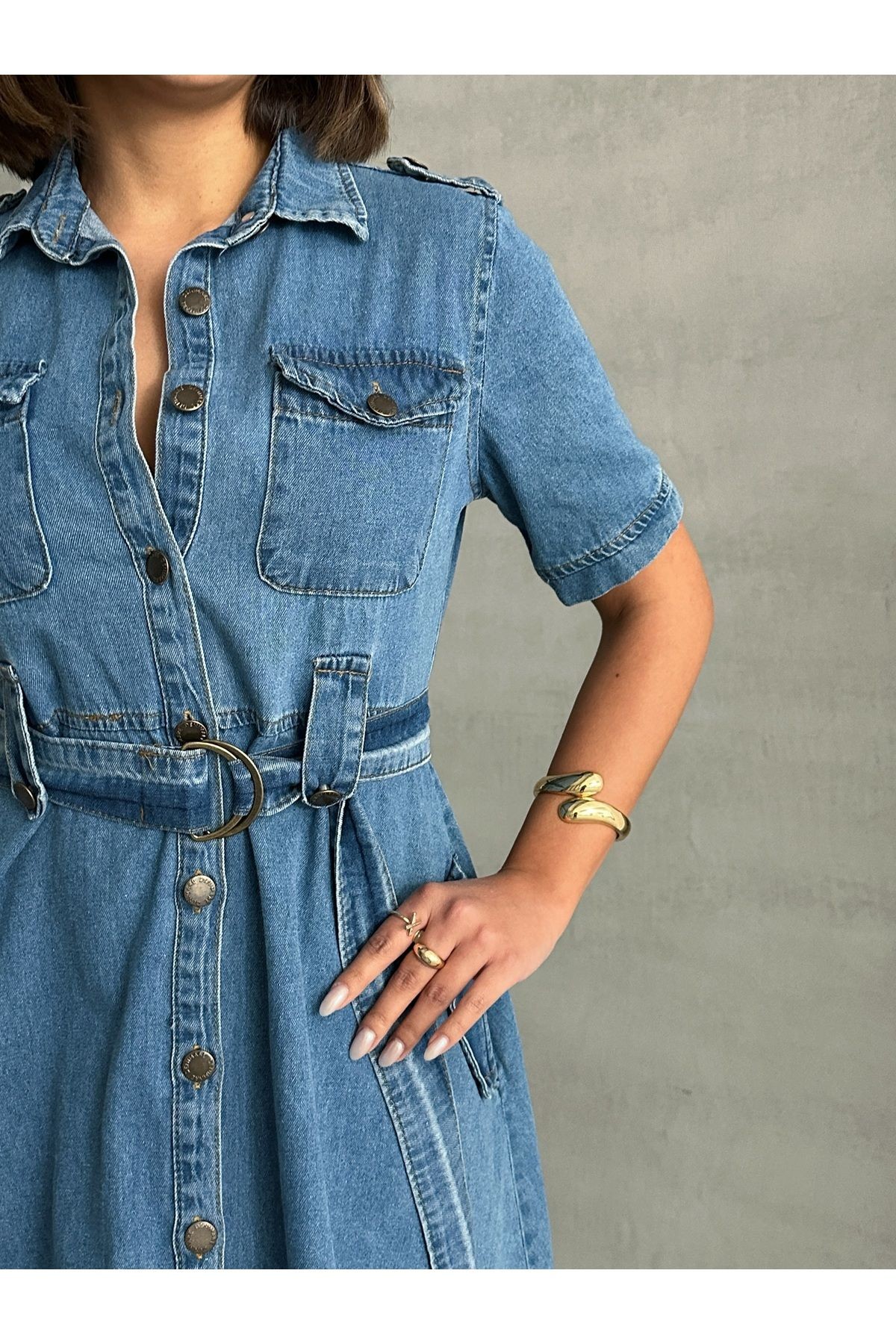 Yarım Kollu Kemerli Midi Boy Denim Elbise MISSEL921
