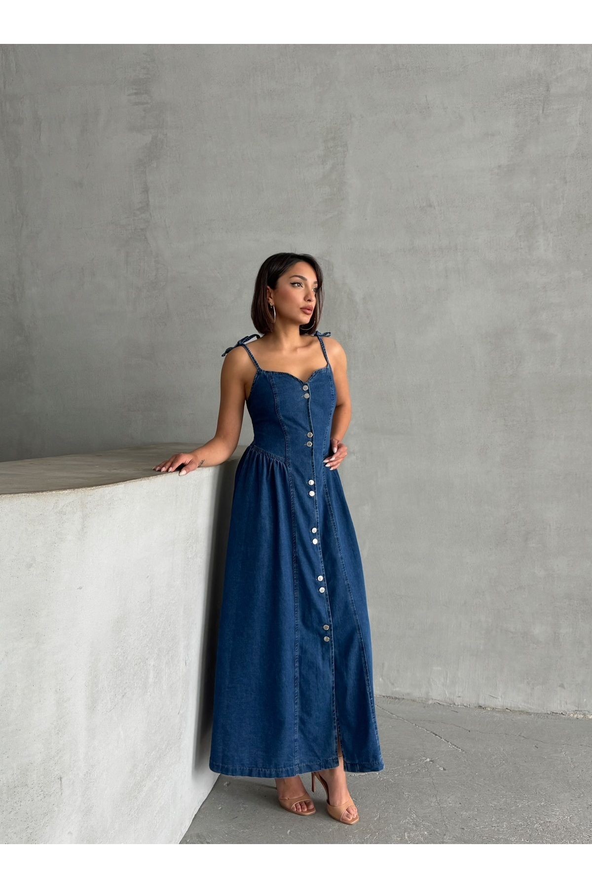 Boydan Çift Düğme Geçişli Bağlama Detay Askılı Lacivert Denim Elbise MISSEL927