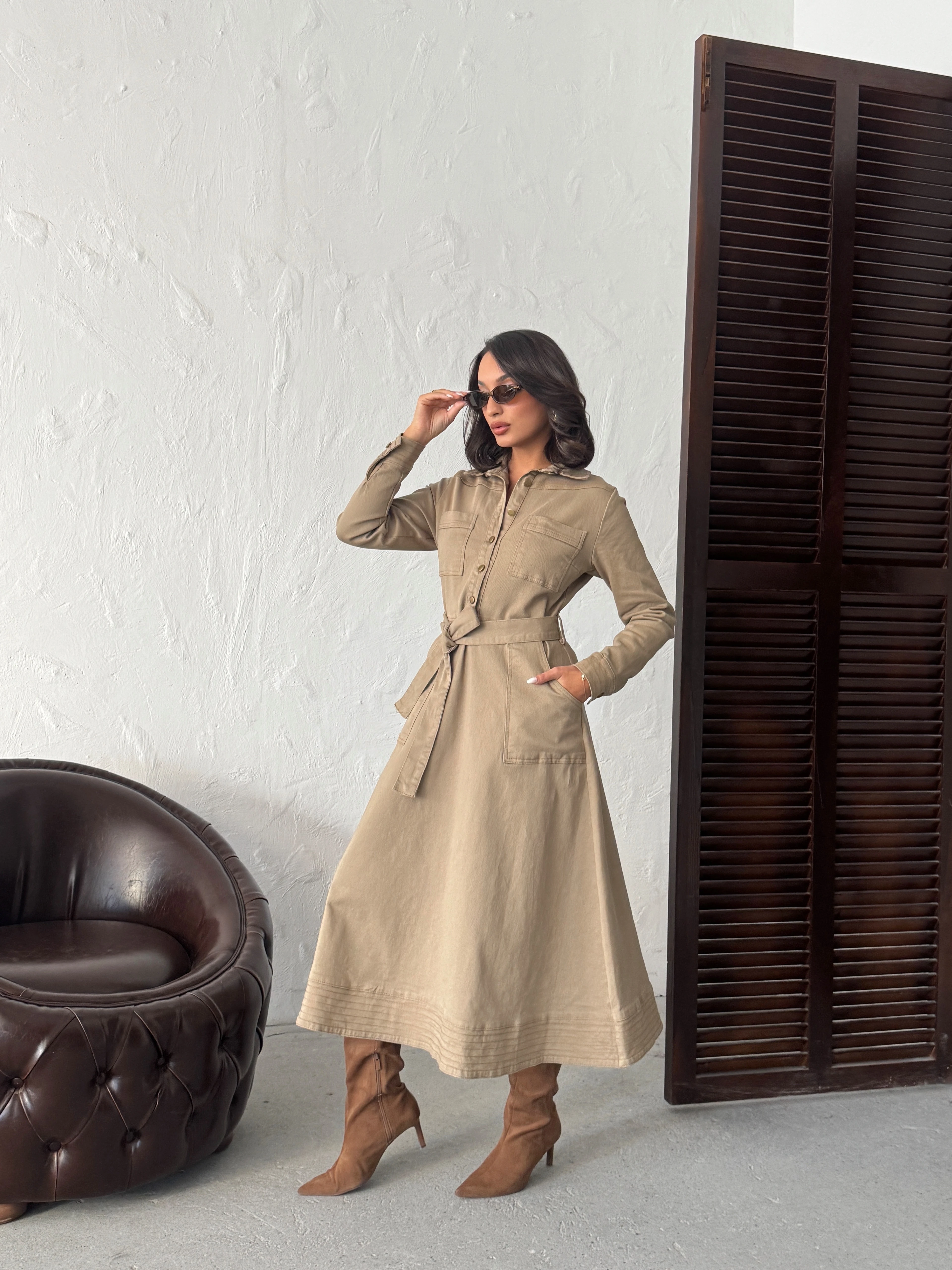 Kuşaklı Düğmeli Cep Detaylı Uzun Denim Elbise MISSELB942