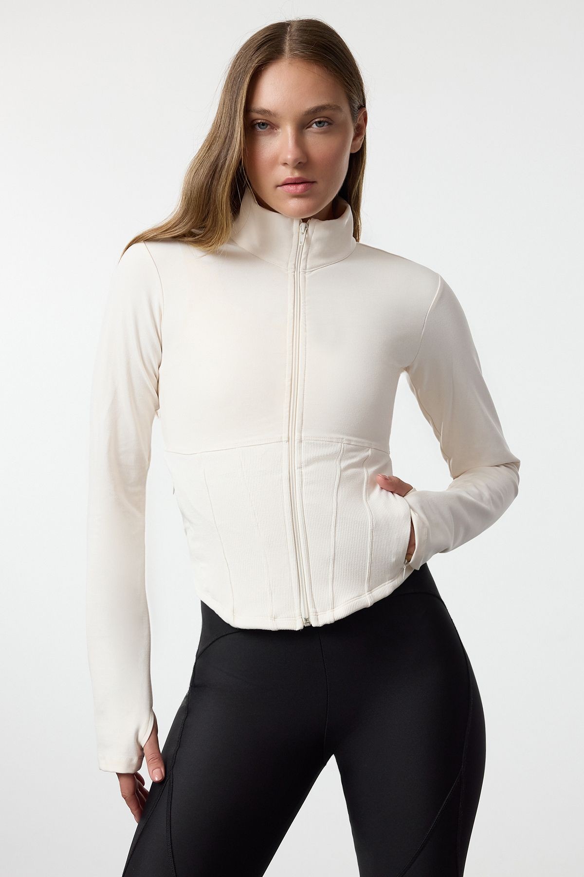 Fırçalı Soft Kumaş Baş Parmak Delik Detaylı Örme Spor Ceket/Sweatshirt MISSCE2621