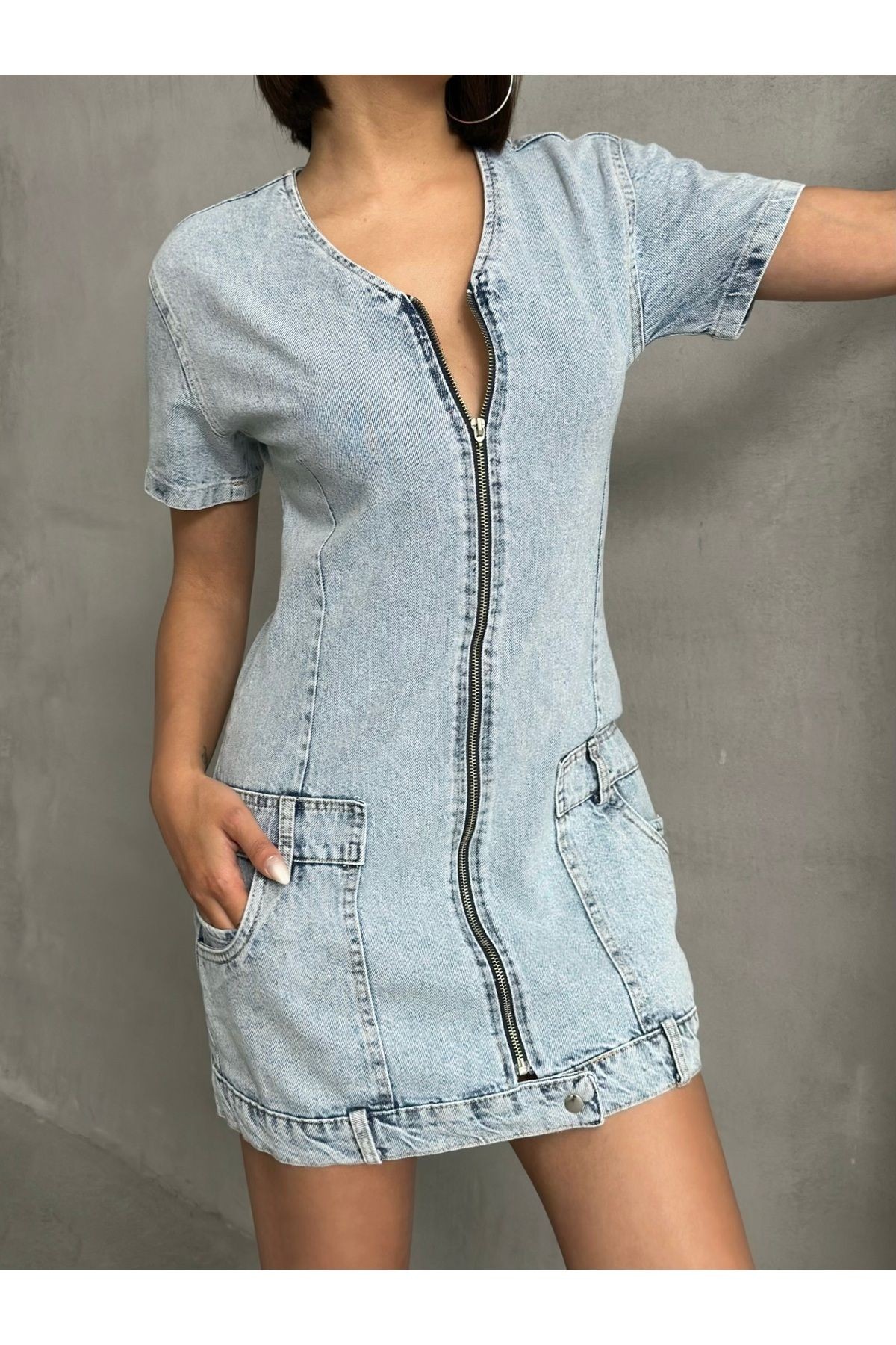 Fermuarlı Cep Detaylı Kar Yıkama Denim Elbse MISSELB3452