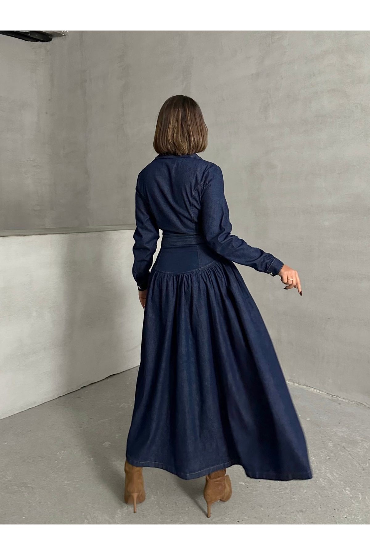 Tokalı Lacivert Denim Uzun Elbise MISSEL1055