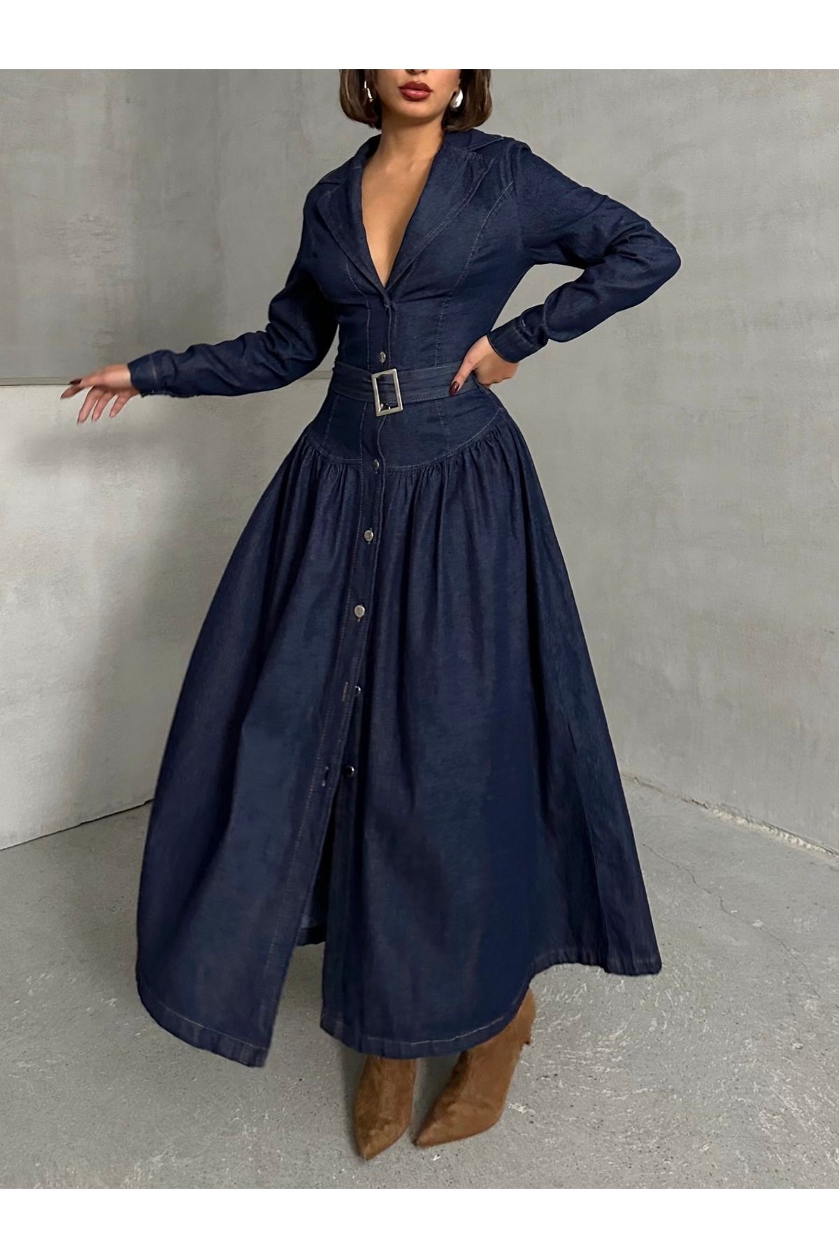 Tokalı Lacivert Denim Uzun Elbise MISSEL1055