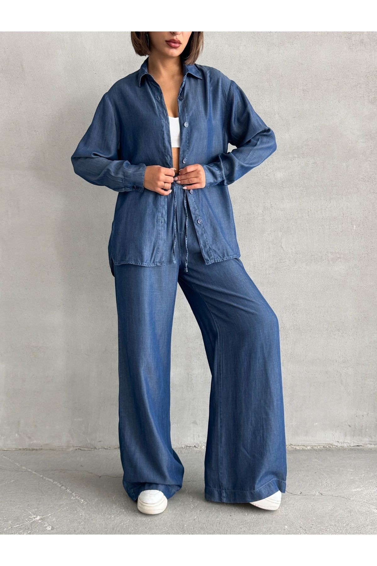 Denim Gömlek ve Bel Lastikli Pantolon Lacivert İkili Takım MISSTKLAC941