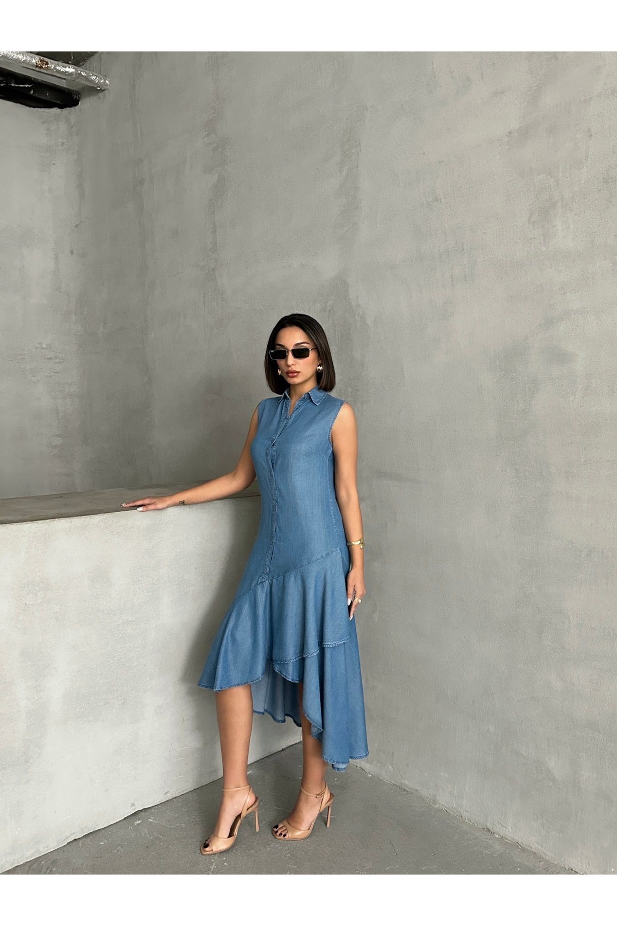 Gömlek Yaka Düğmeli Fır Fır Detaylı Yazlık Denim Elbise MİSS933