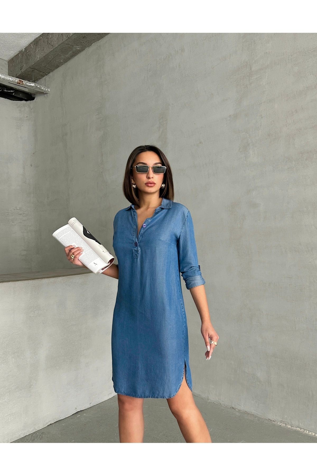 Gömlek Yaka Düğmeli Uzun Kol Detaylı Yazlık Denim Elbise MİSS932