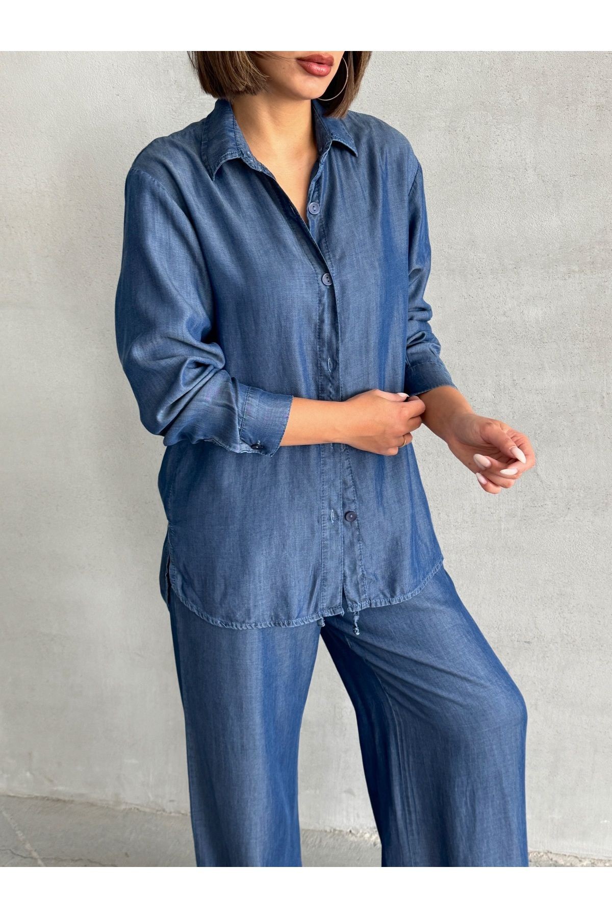 Denim Gömlek ve Bel Lastikli Pantolon Lacivert İkili Takım MISSTKLAC941