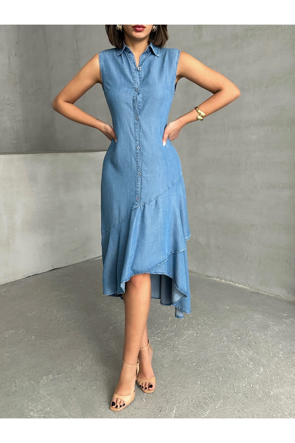 Gömlek Yaka Düğmeli Fır Fır Detaylı Yazlık Denim Elbise MİSS933