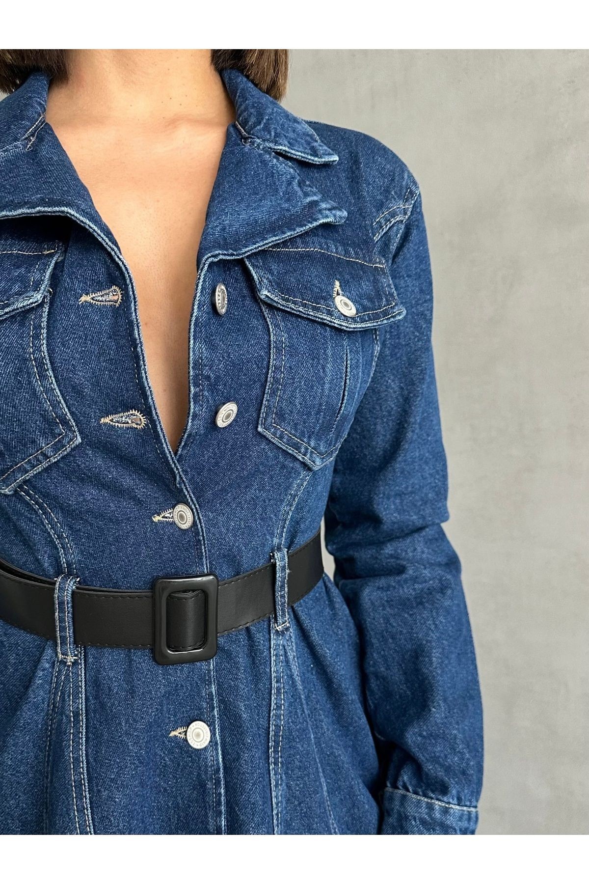 Lacivert Siyah Kemerli Mini Denim Elbise MISSEL3418