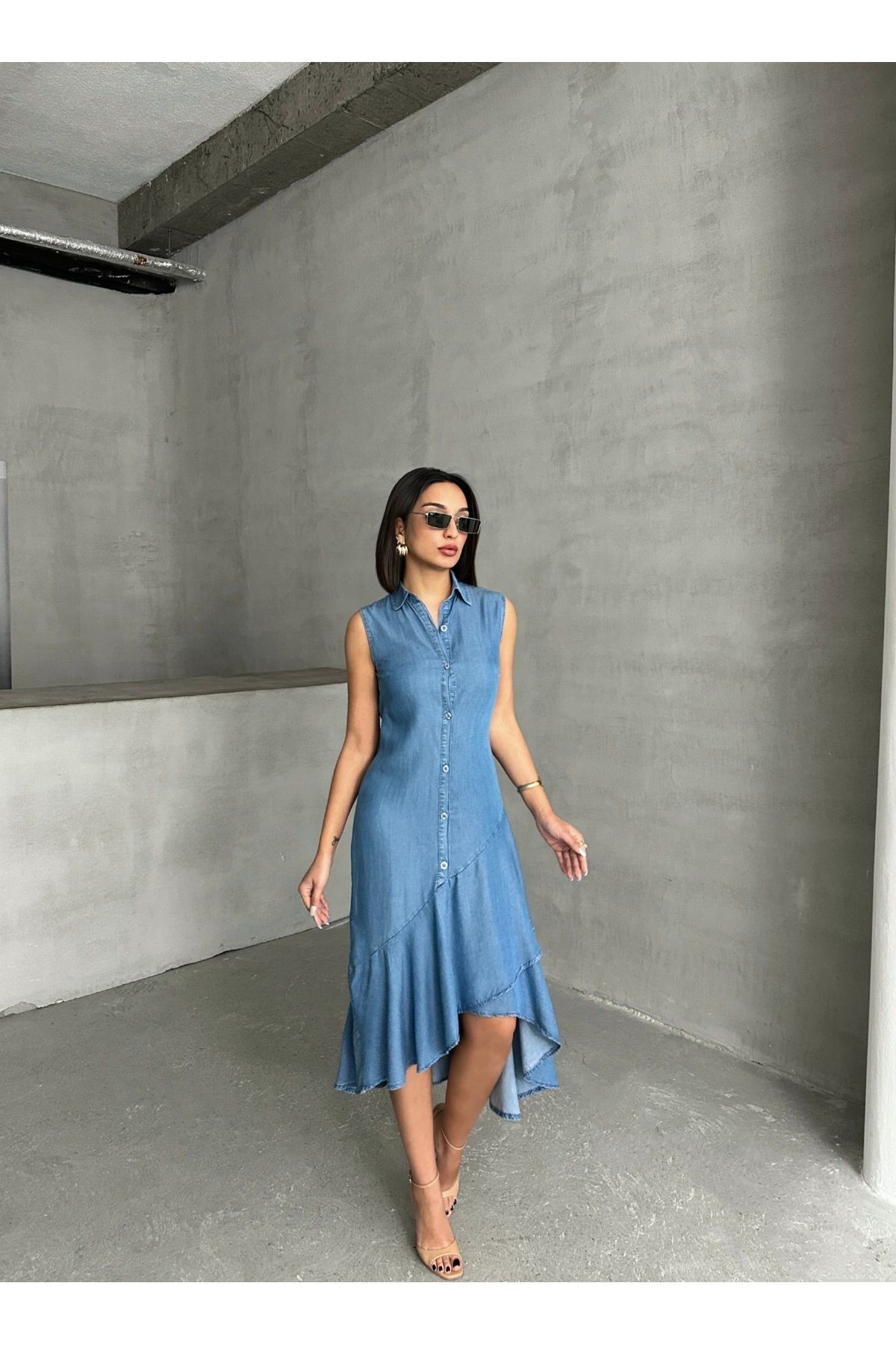 Gömlek Yaka Düğmeli Fır Fır Detaylı Yazlık Denim Elbise MİSS933
