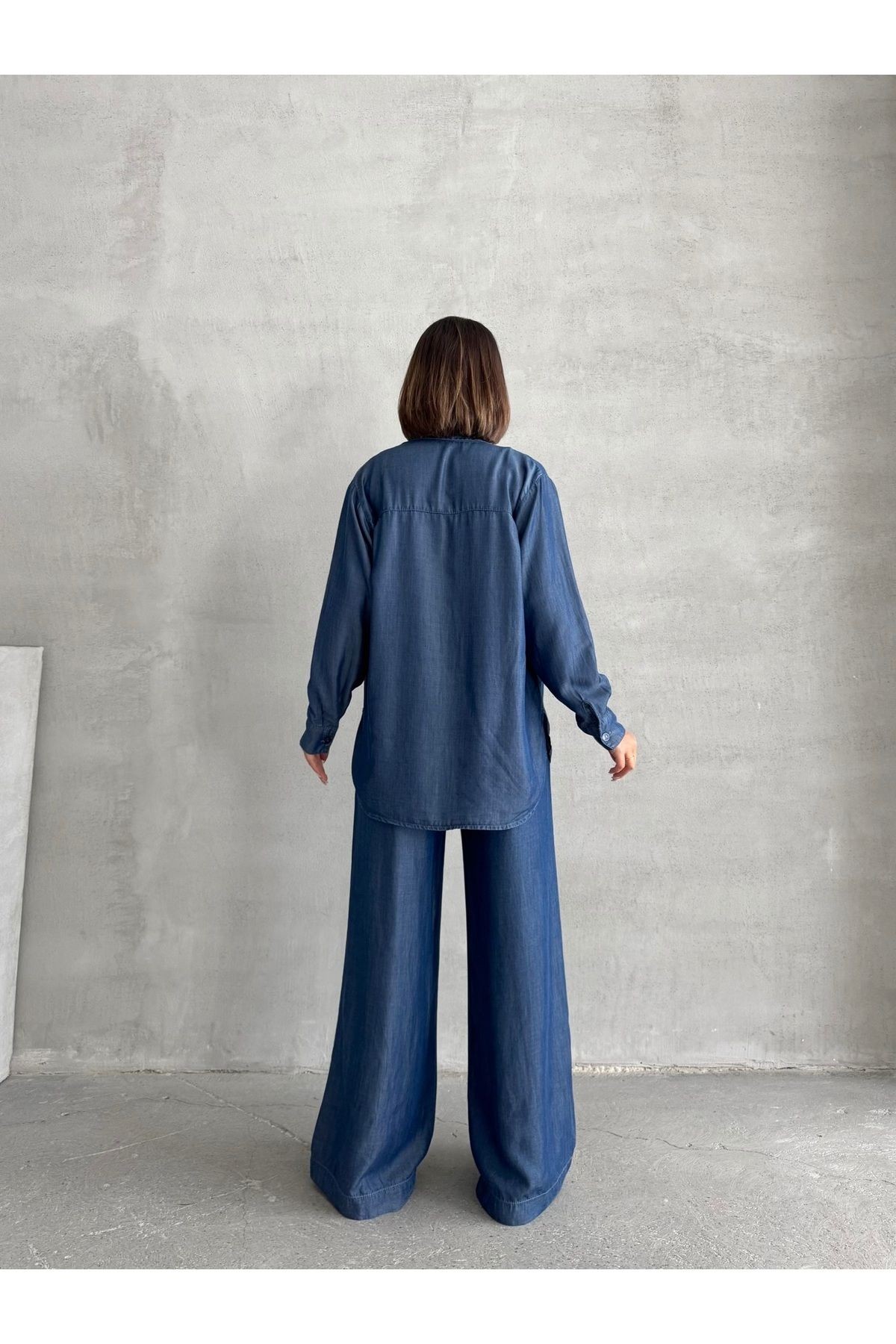 Denim Gömlek ve Bel Lastikli Pantolon Lacivert İkili Takım MISSTKLAC941