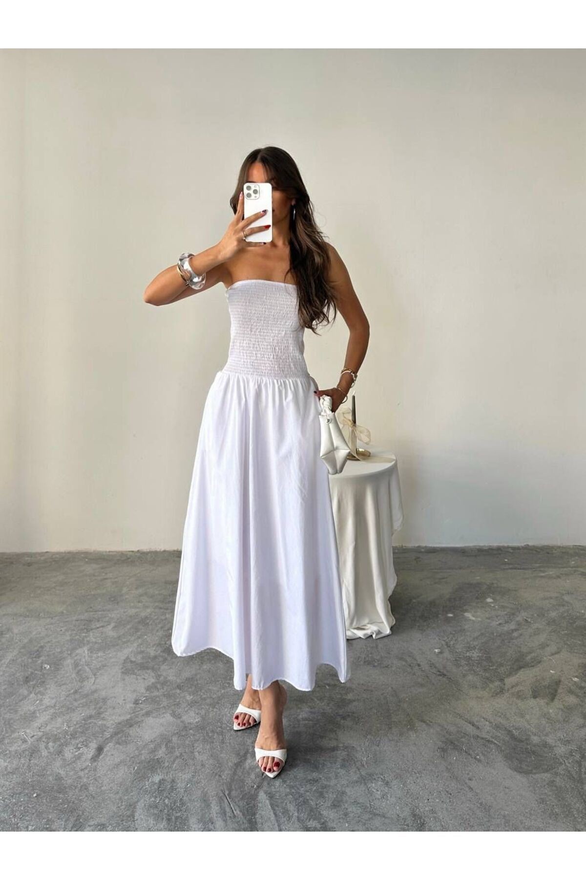 Straplez Lastik Detay Cepli Astarlı Elbise MISSELB6349